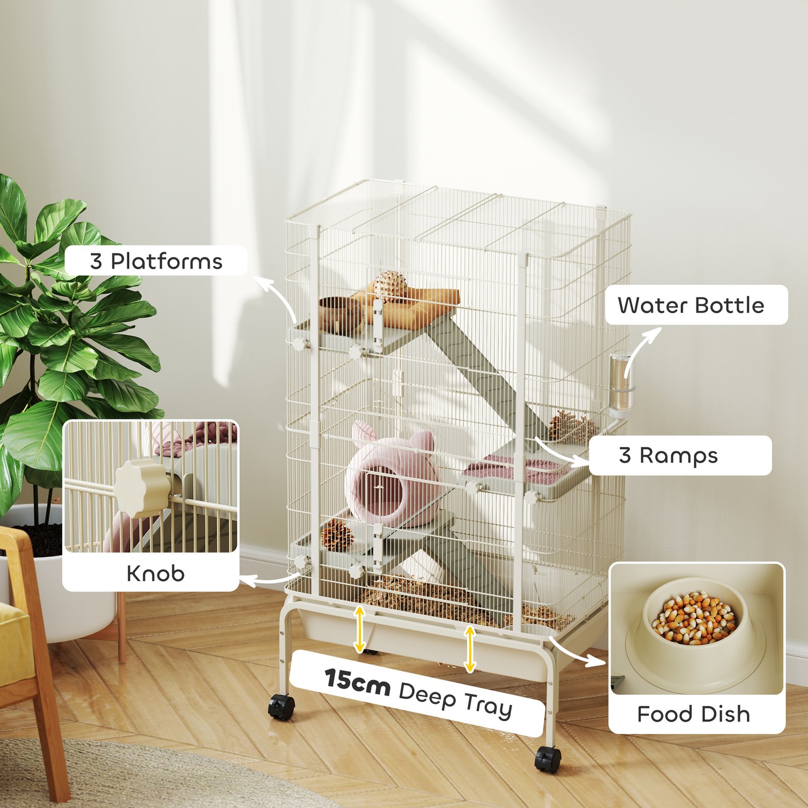 4-Level Rolling Small Animal Cage, Rabbit Cage with 3 Ramps, Water Bottle, Food Dish, 15cm Deep Tray, Beige - Image 5