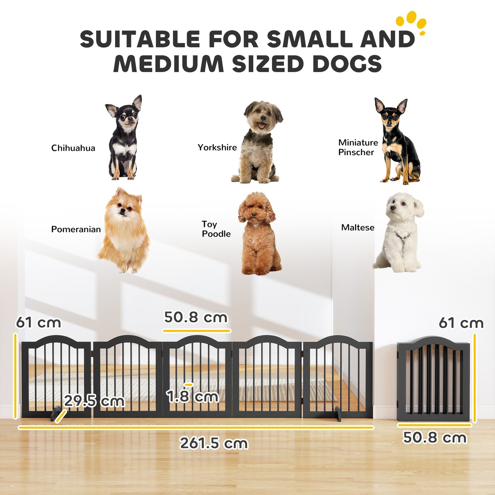 Freestanding Dog Gate Wooden Stair Gate for Dogs with Support Feet Foldable Pet Fence Safety Barrier for the House Doorway Stairs Black