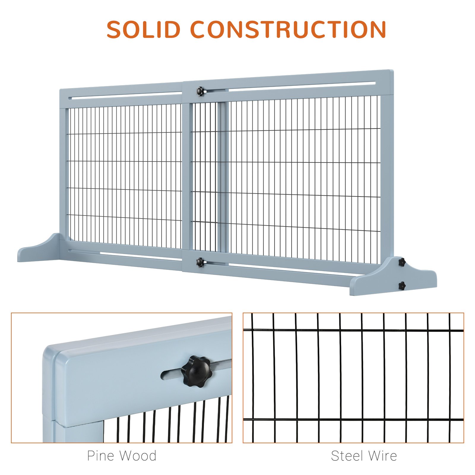 Freestanding Dog Gate, Foldable Pet Fence, Indoor Wood Barrier, Stair Gate with Support Feet, for Doorway, Hallway, Small and Medium Dogs, 69H x 104-180 cm, Blue-grey