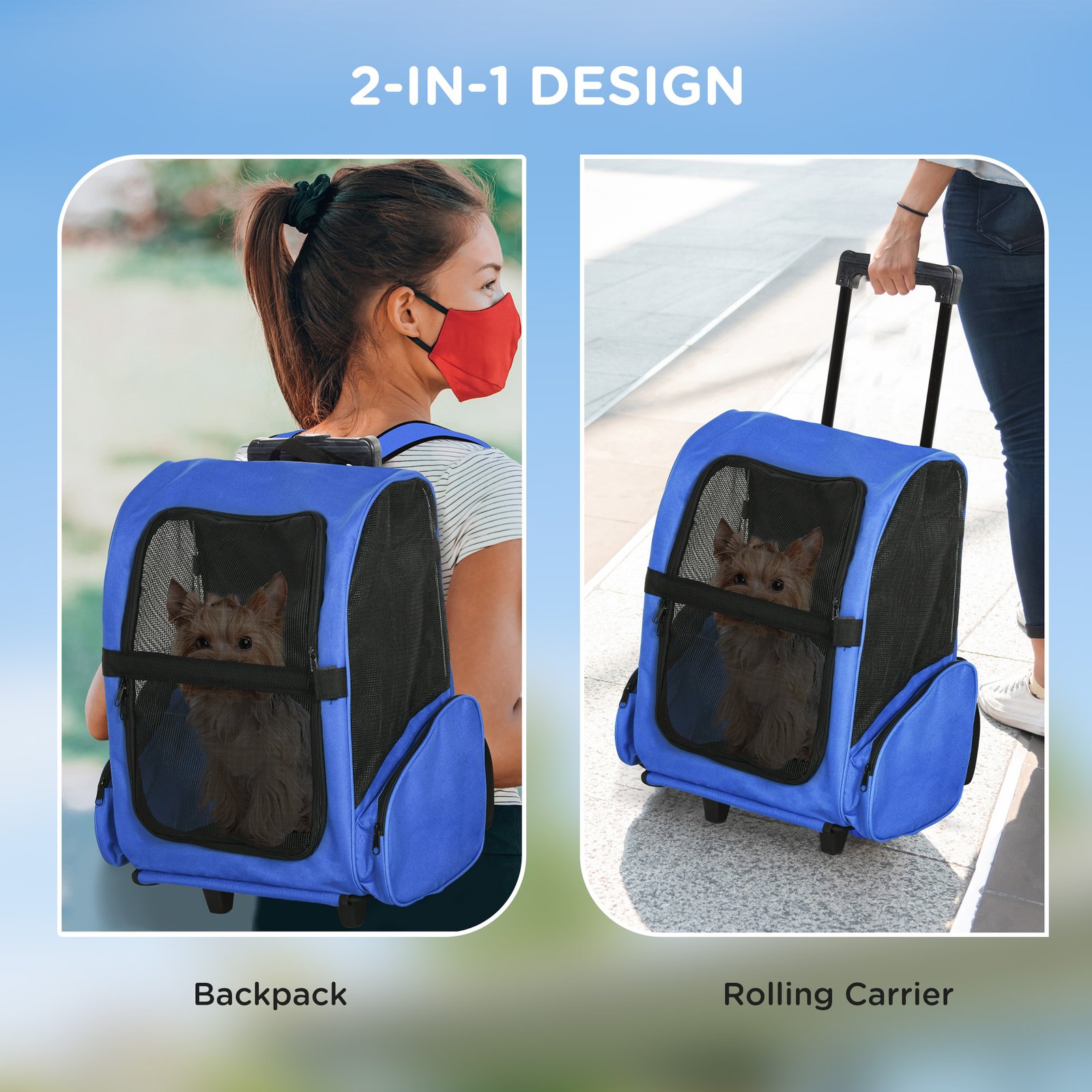 2 in 1 Dog Backpack and Trolley, Pet Travel Backpack Cat Dog Carrier with Telescopic Handle, Portable Pet Stroller Wheel Luggage Bag (Blue)