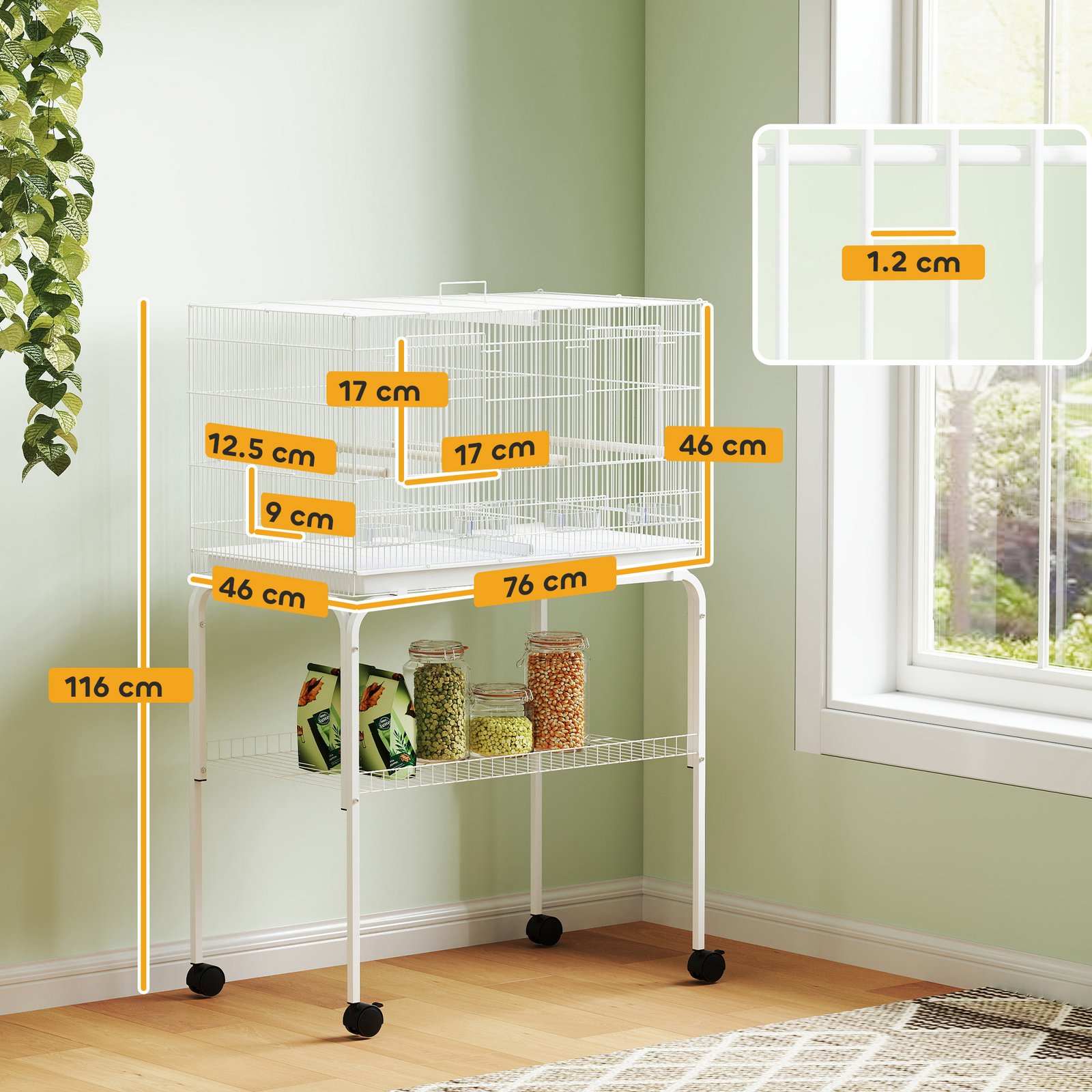 Bird Cage with Divider, 4 Wooden Perches, Slide Out Tray, 4 Feeders, for Budgie, Lovebird, Canary, 76 x 46 x 116cm White - Image 3