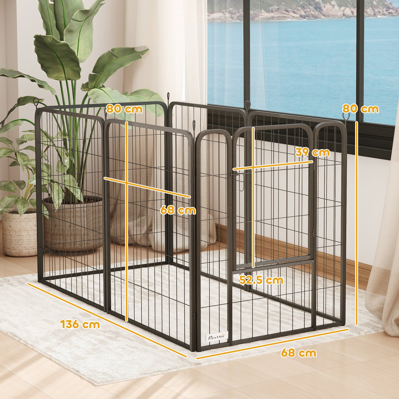 Six-Panel Dog Playpen with Door, for Medium Dogs, Indoors, Outdoors, 80cm Tall, Black