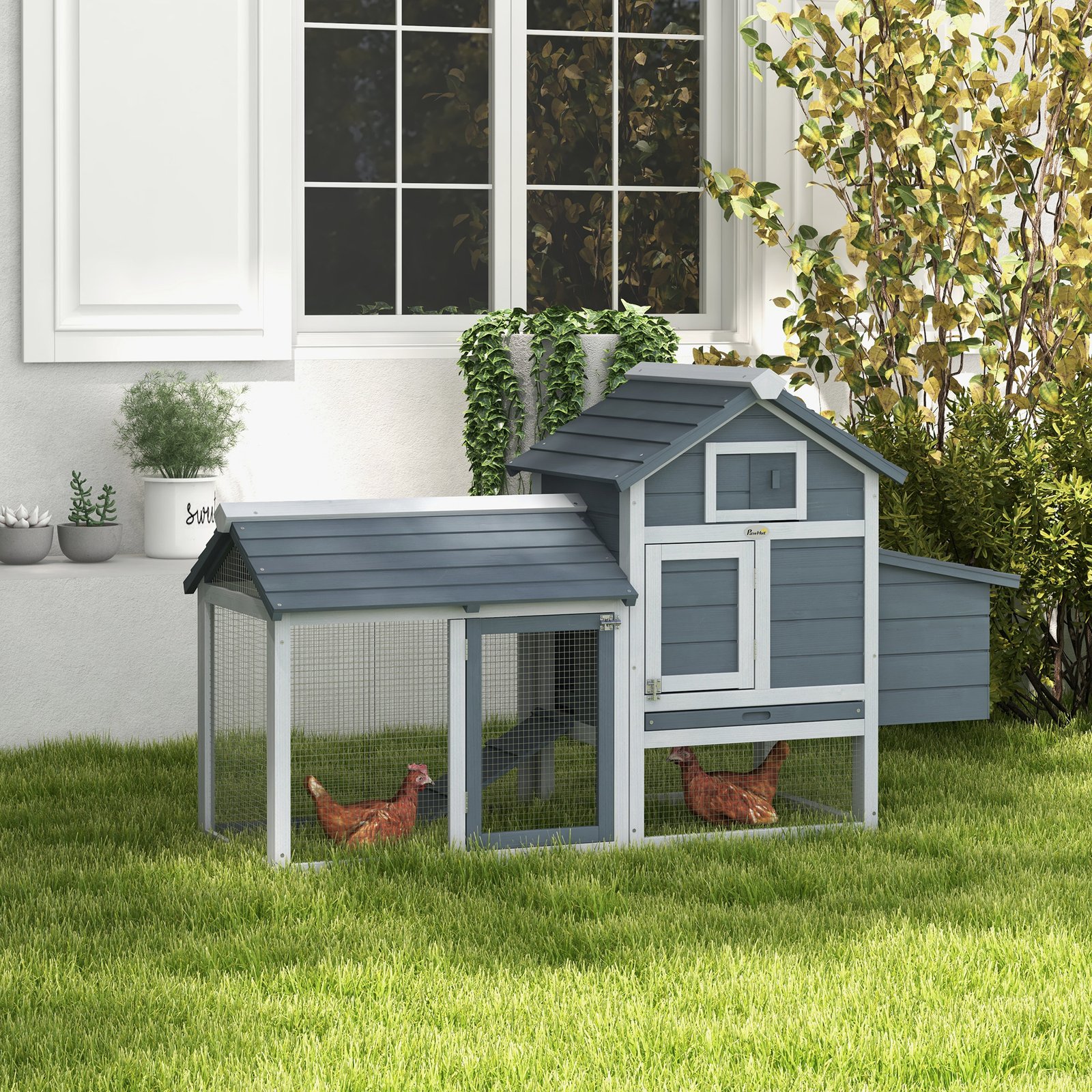 Small Chicken Coop with Run Hen House Poultry Coops Cages Nesting Box Grey 150.5 x 54 x 87cm - Image 9