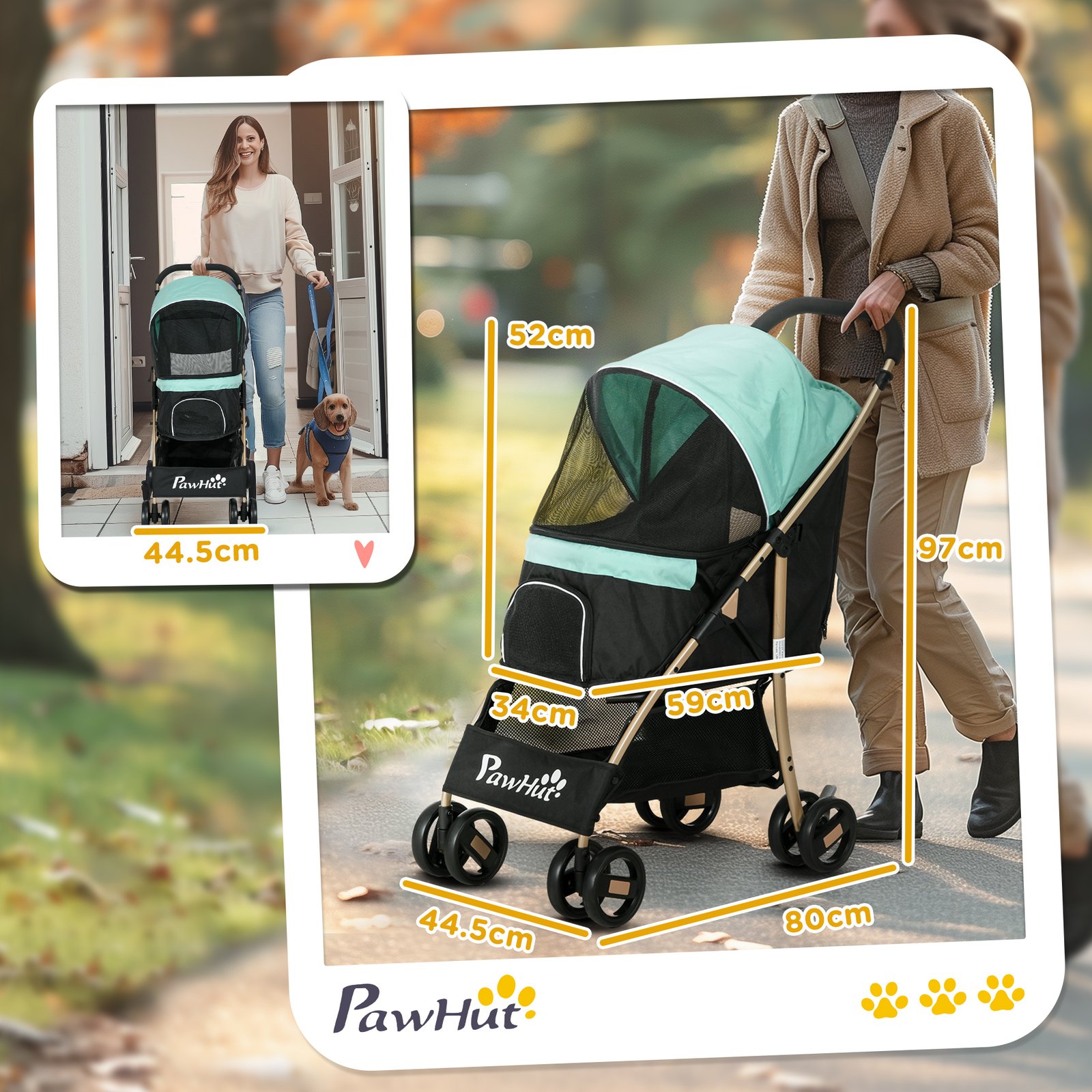 Pet Stroller for Small and Miniature Dogs, with Rain Cover - Green - Image 3