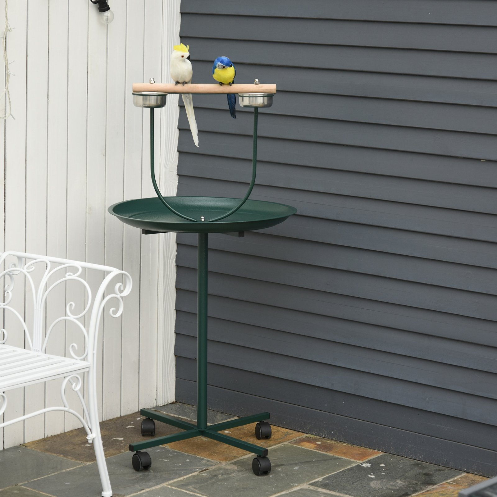 Bird Perch Stand with Four Wheels, Feeding Bowls, for Small, Medium Birds, Green