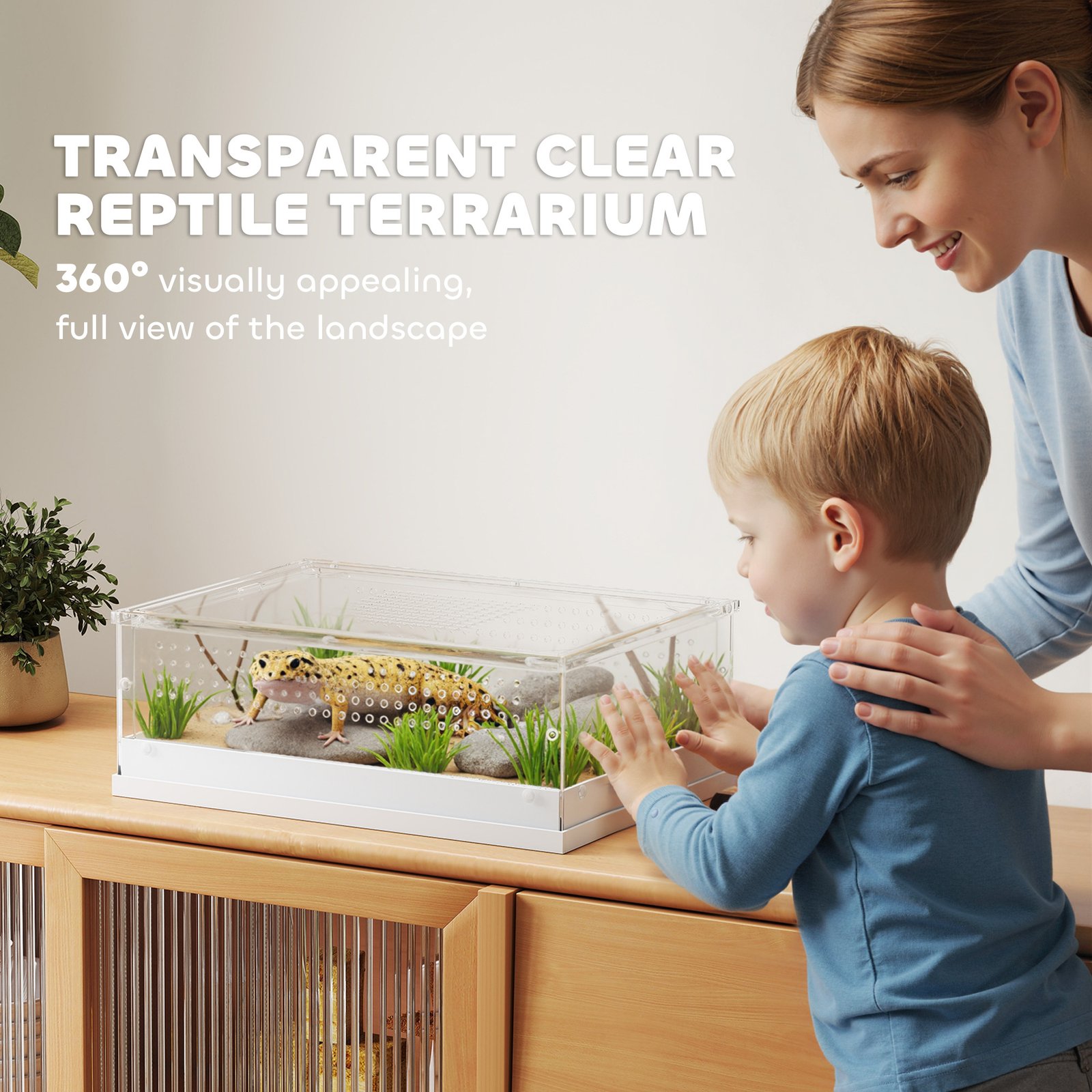 Acrylic Reptile Terrarium with Top Sliding Door, Vents, for Snake, Frog, Spider, Gecko, Tarantula, 40 x 30 x 15 cm