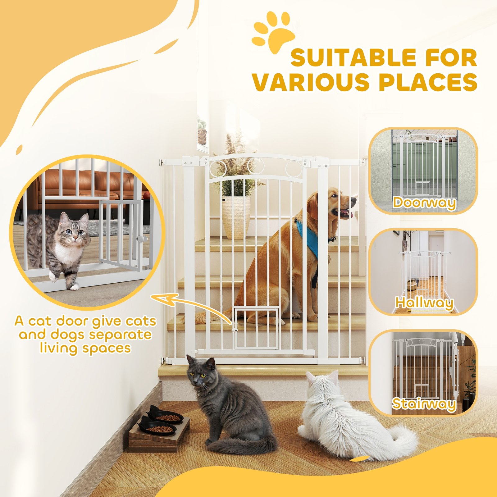 106cm Tall Dog Gate with Cat Door, 7cm and 14cm Extensions, for Stairs, Doorways, 76-104cm Width
