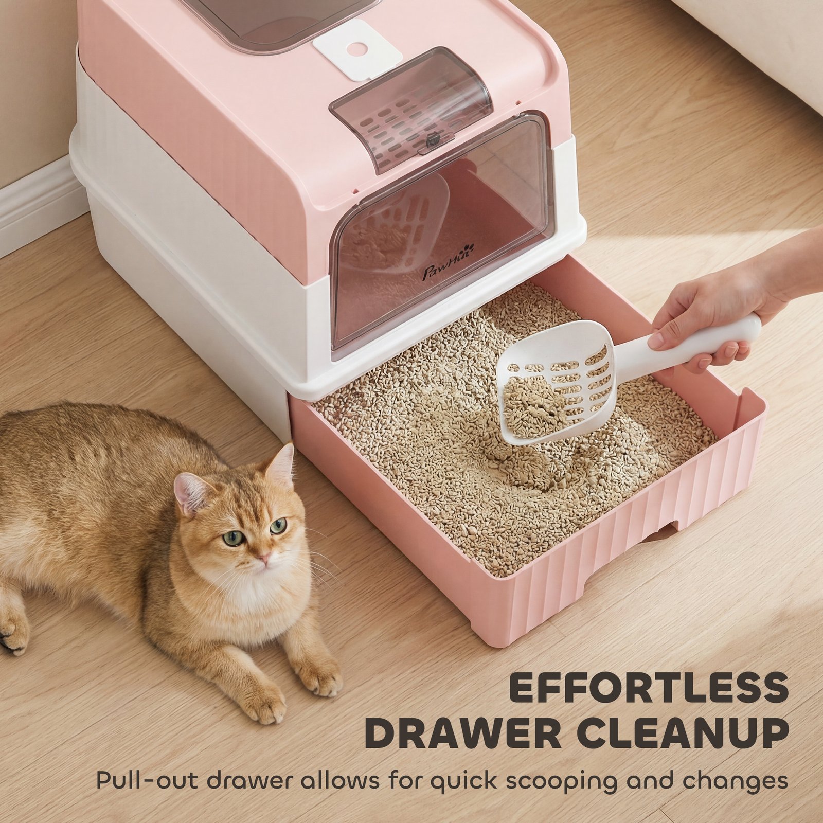 Enclosed Cat Litter Box with Lid, Pull-Out Drawer Tray, Scoop, 2 Deodorisation Bags, Front Entry & Top Exit, Pink