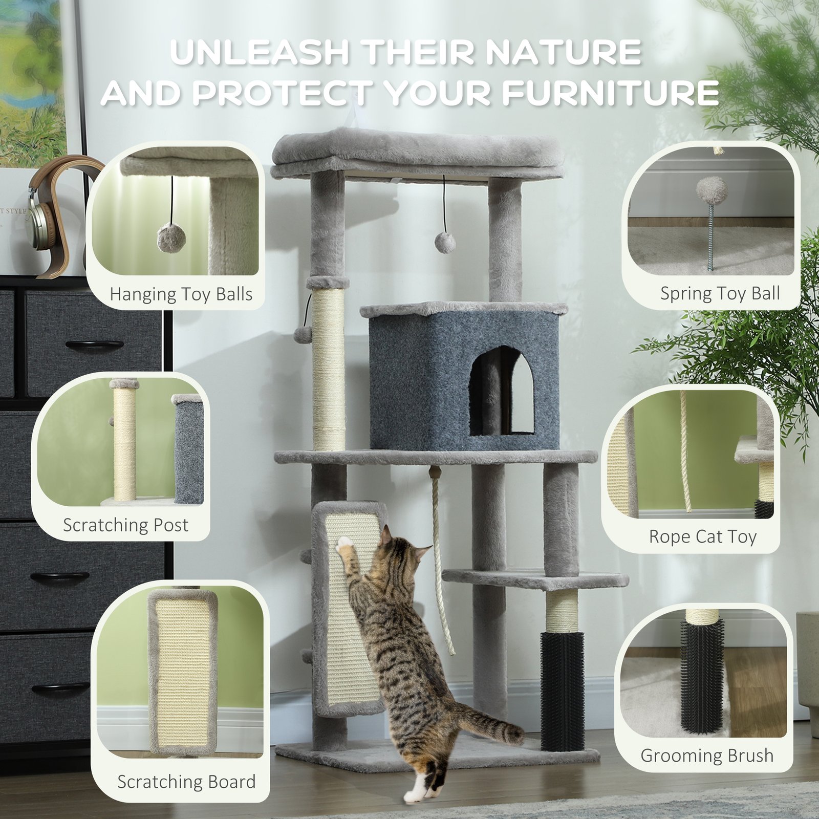 132cm Cat Tree w/ Scratching Posts, Pad, Cat Bed, Cat House, Jumping Platform, Grooming Brush, Anti-Tip Kit, Light Grey - Image 5