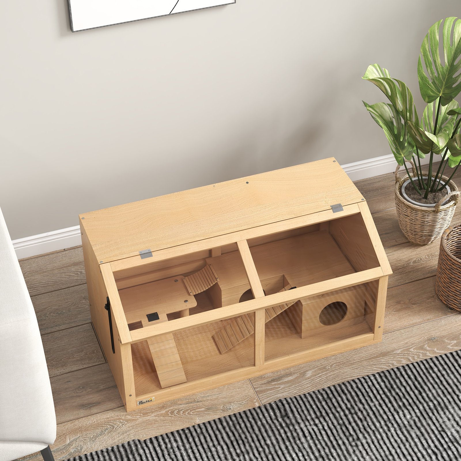 Hamster Cage, Wooden Small Animal Cage for Gerbils, Mice w/ Suspension Bridge, Openable Top, Hut, 85 x 45 x 44cm Nature - Image 7
