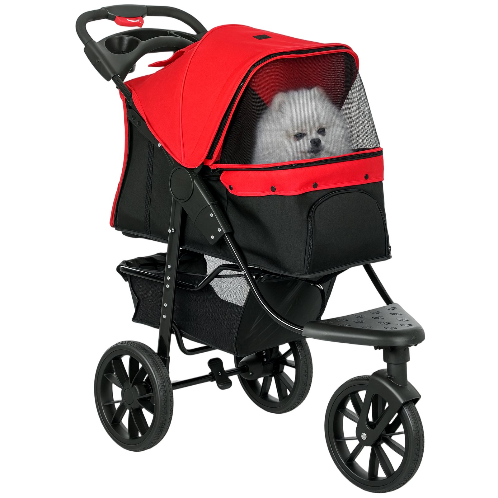 Dog Stroller Foldable Pet Pram for Small Miniature Breeds, Cats, 3 Wheels Dog Pushchair with Brake, Cupholder, Red