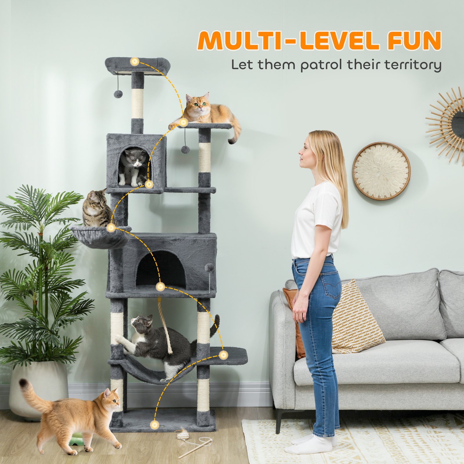 202cm Large Cat Tree with 6 Scratching Posts, 2 Hammocks, 2 Condos, 2 Perches, Pompoms, for Indoor Cats to Rest and Play