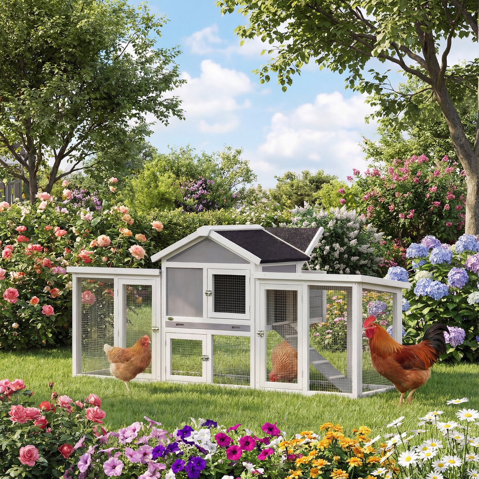 Large Chicken Coop, Wooden Outdoor Chicken Cage Poultry Hen House with Nesting Box