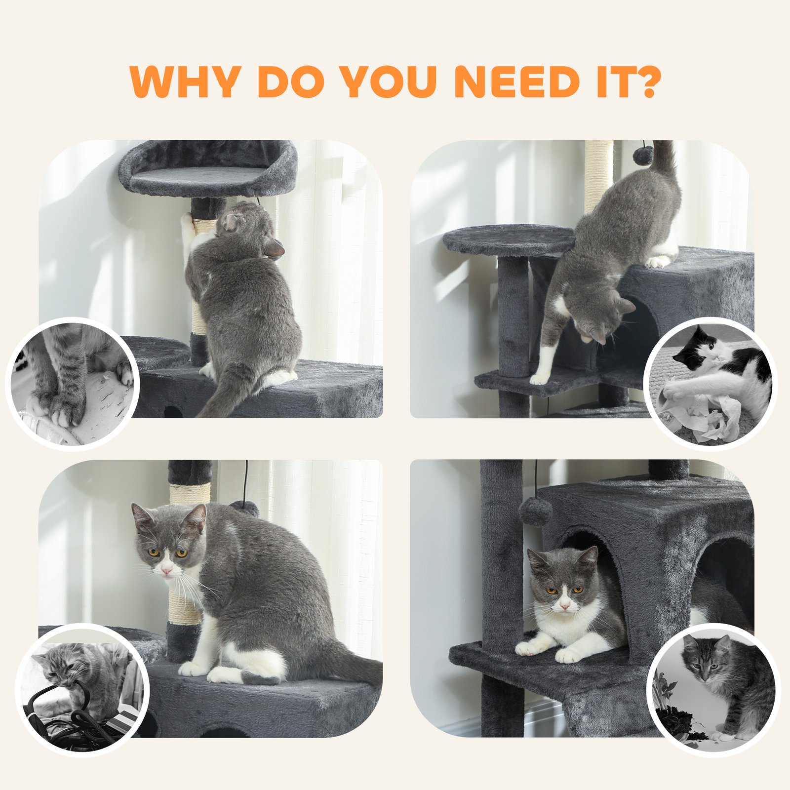 140cm Large Cat Tree Tower with Sisal Scratching Posts, Cat Houses, Plush Perches, Hammock, Ladder, Dark Grey