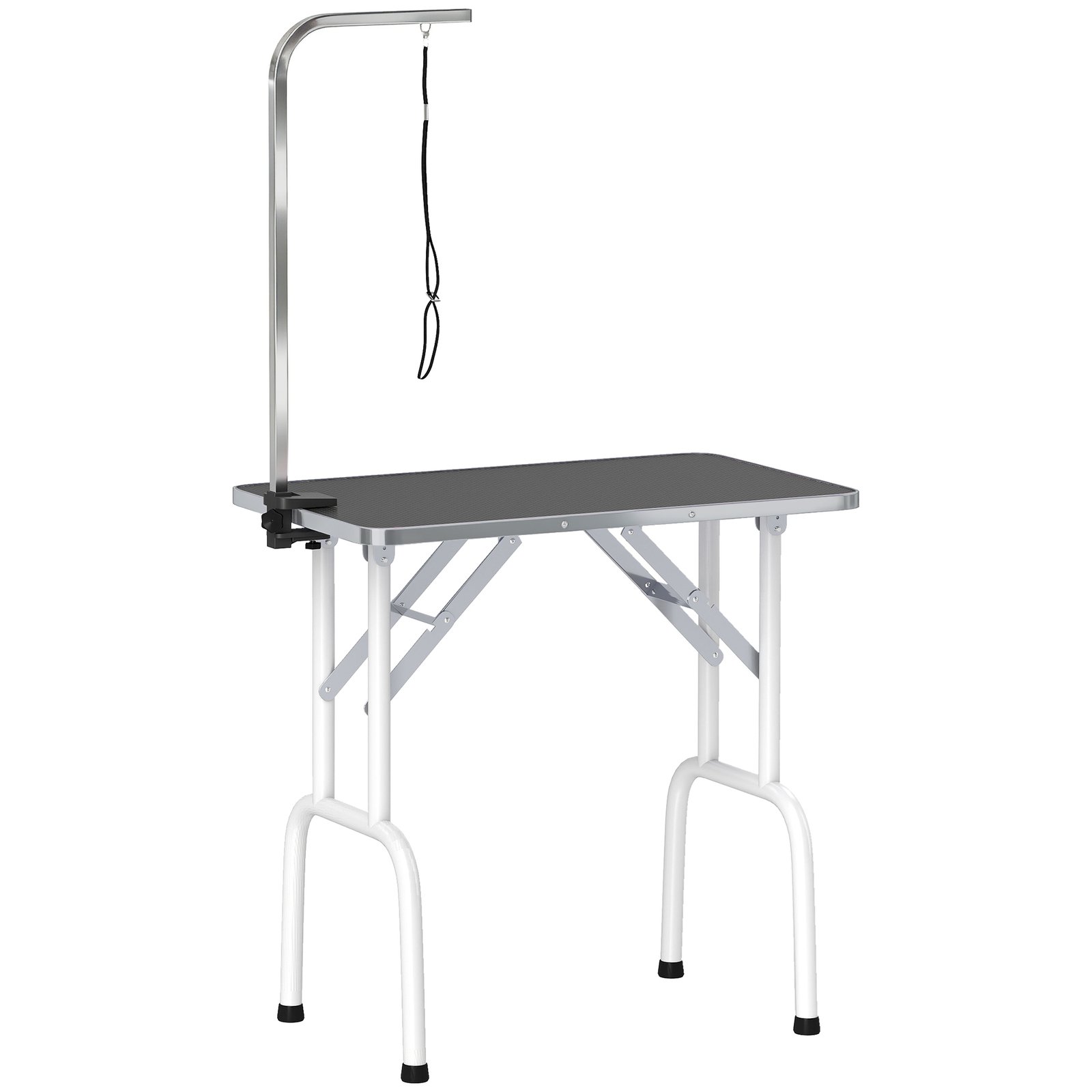 32" Foldable Dog Grooming Table Pet Drying Beauty Table Adjustable Fixed Arm Rubber Top, Black