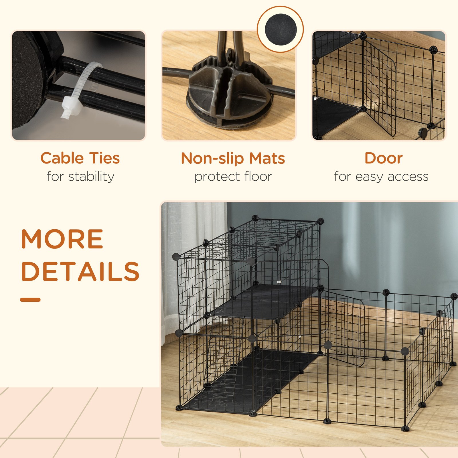 Pet Playpen w/ Door Customisable Fence for Guinea Pigs Chinchillas Hedgehogs - Black