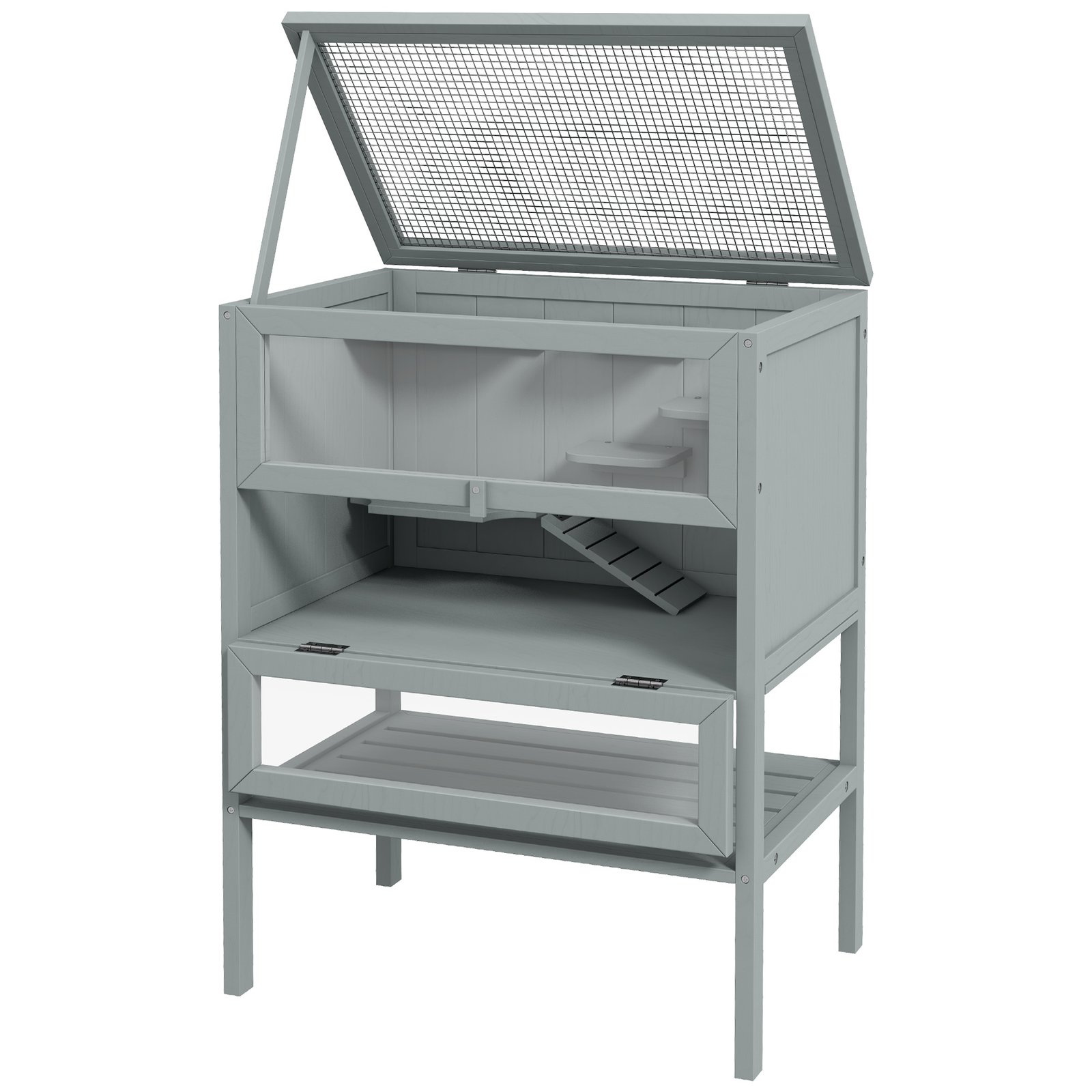Wooden Hamster Cage 3 Tier House w/ Storage Shelf, Openable Top for Gerbils, Grey - Image 8