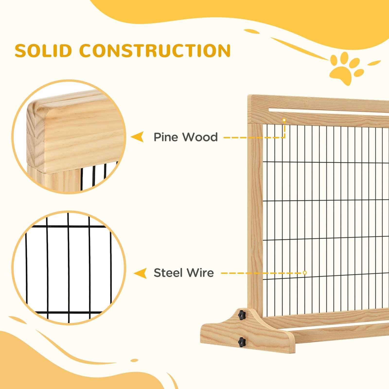 Freestanding Dog Gate, Foldable Pet Fence, Indoor Wood Barrier, Stair Gate with Support Feet, for Doorway, Hallway, Small and Medium Dogs, 69H x 104-180 cm, Natural Wood Finish