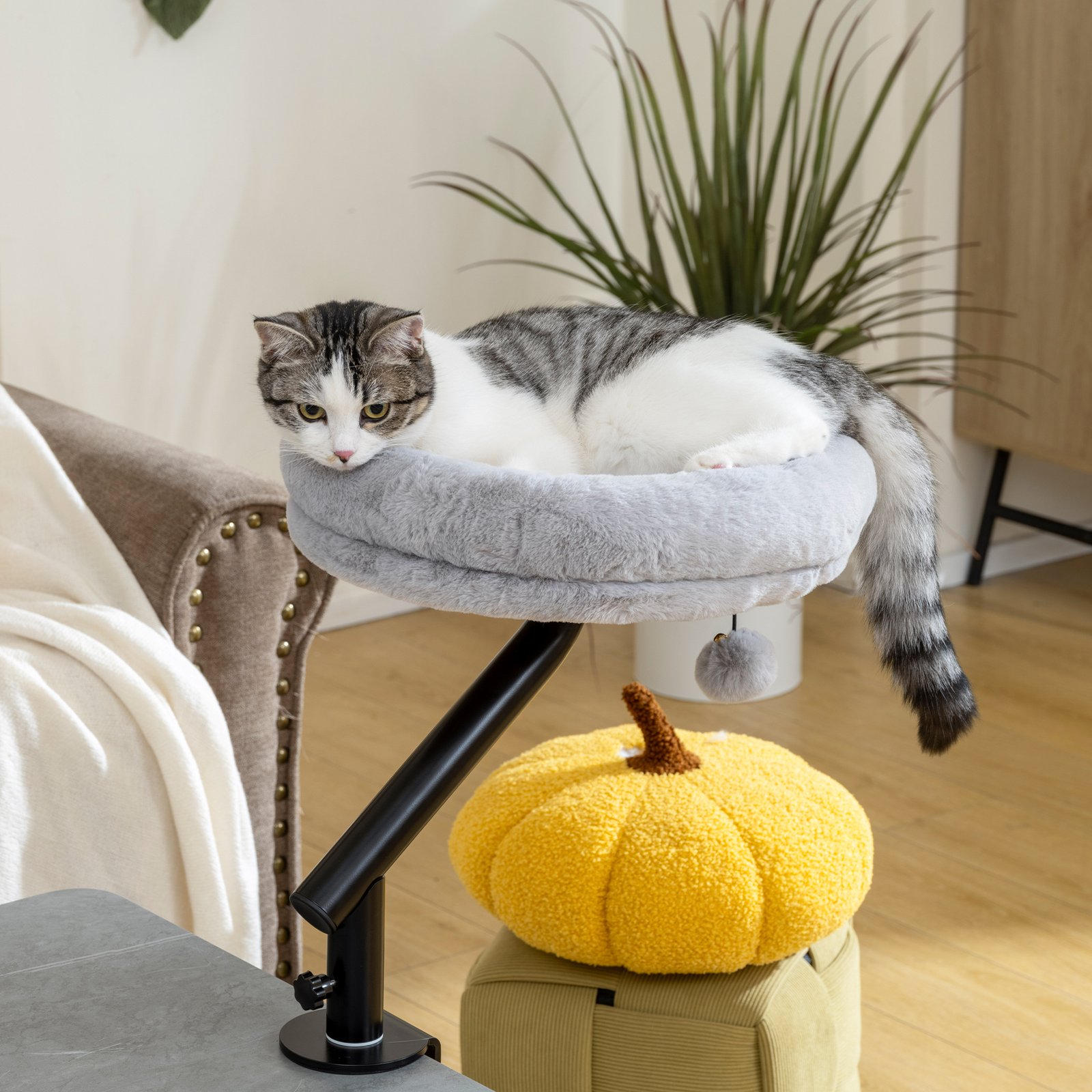 Cat Desk Bed, Cat Hammock 360° Rotatable Adjustable for Window, Table, Work, Grey
