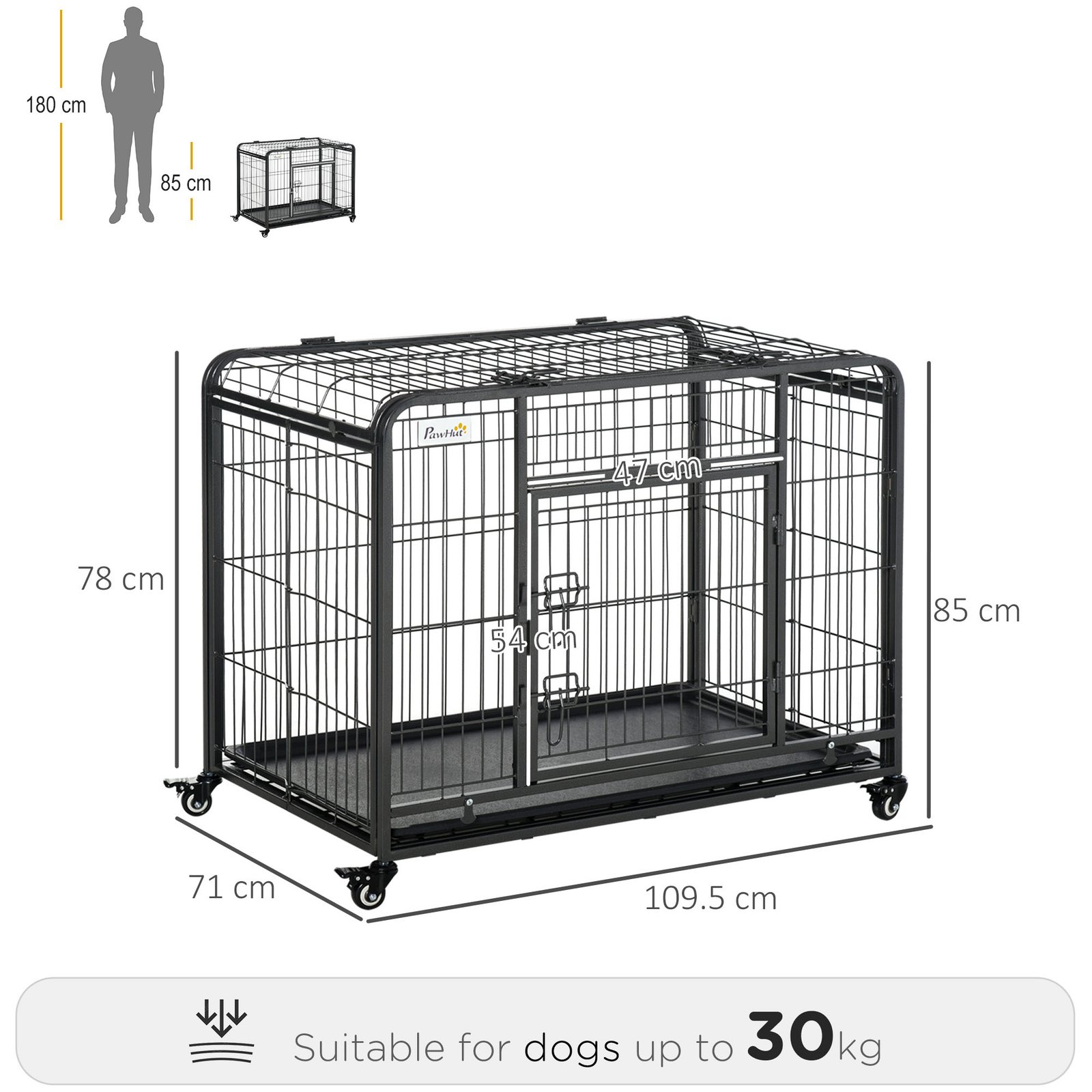 Metal Dog Cage Kennel Locking Door & Wheels Removable Tray Openable Top For Large Pets 109.5 x 71 x 78 cm