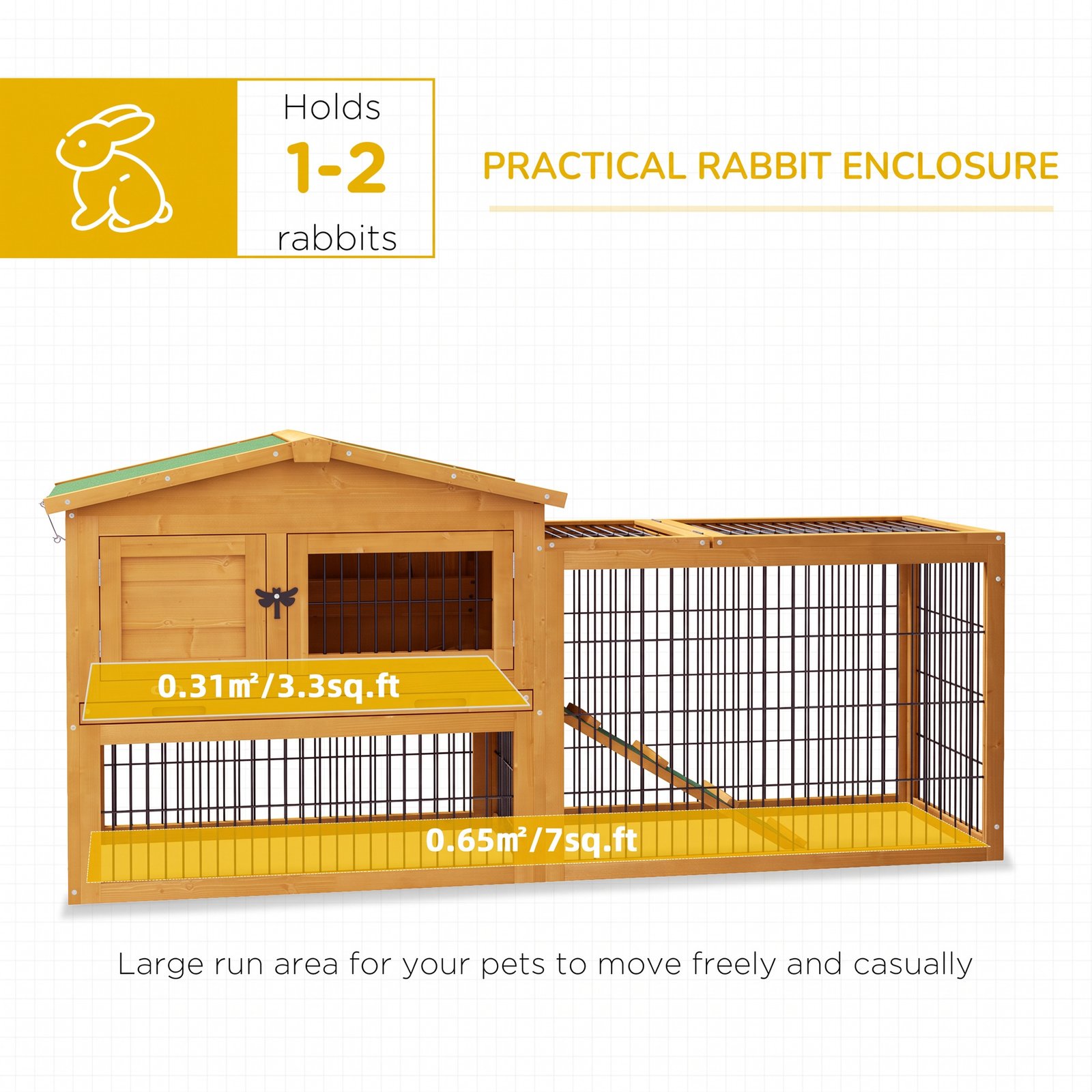 Wooden Rabbit Hutch with Outdoor Run Yellow