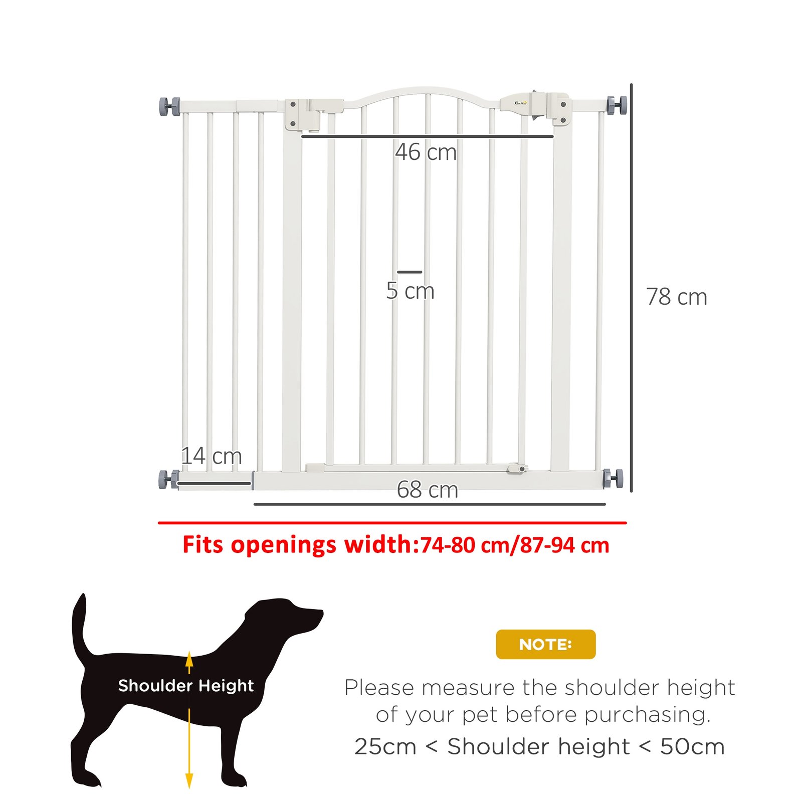 Metal 74-94cm Adjustable Pet Gate Safety Barrier w/ Auto-Close Door White
