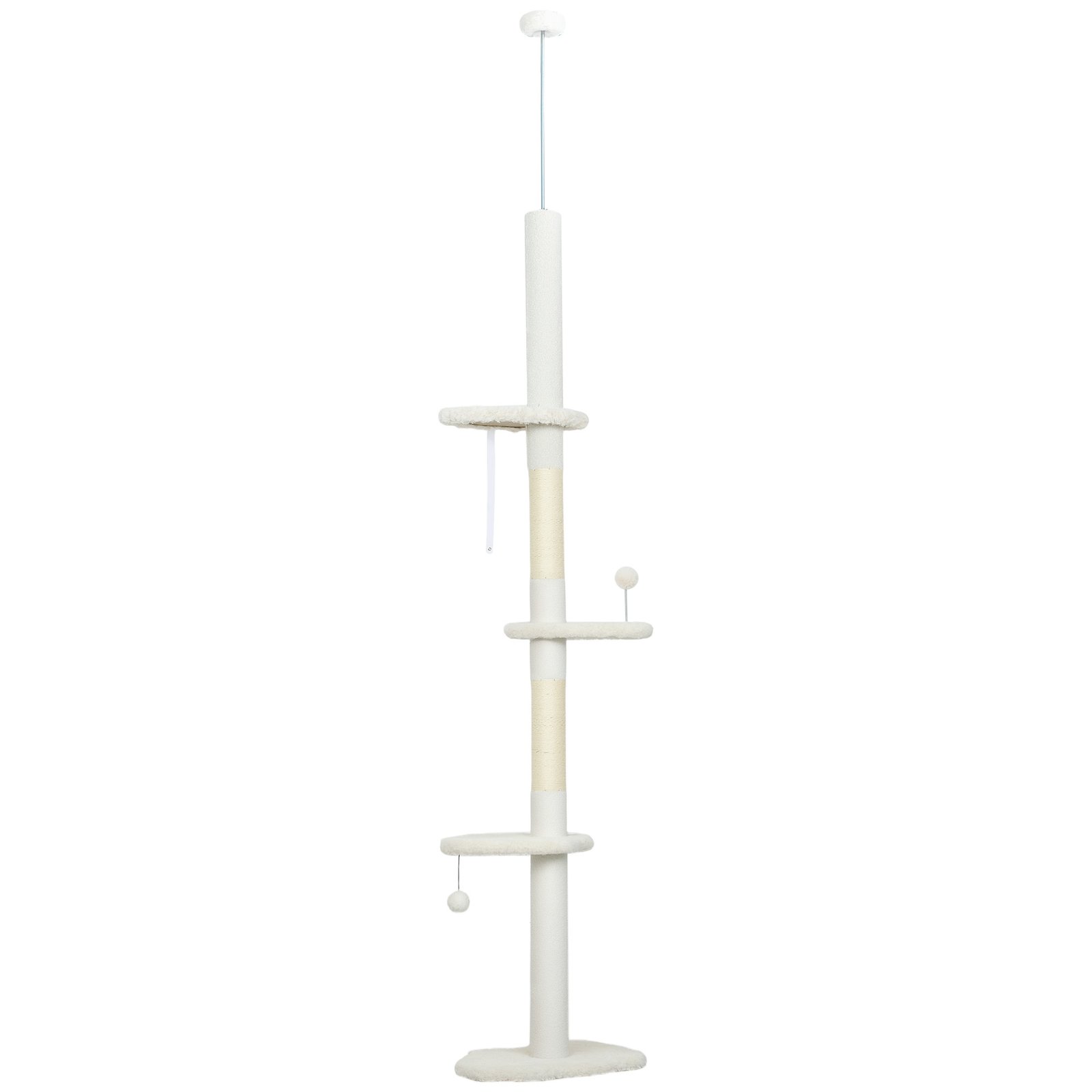 225-255 cm Adjustable Cat Climbing Tower with Sisal Scratching Posts, 2 Hanging Play Balls and Anti-Tip Strap, Beige