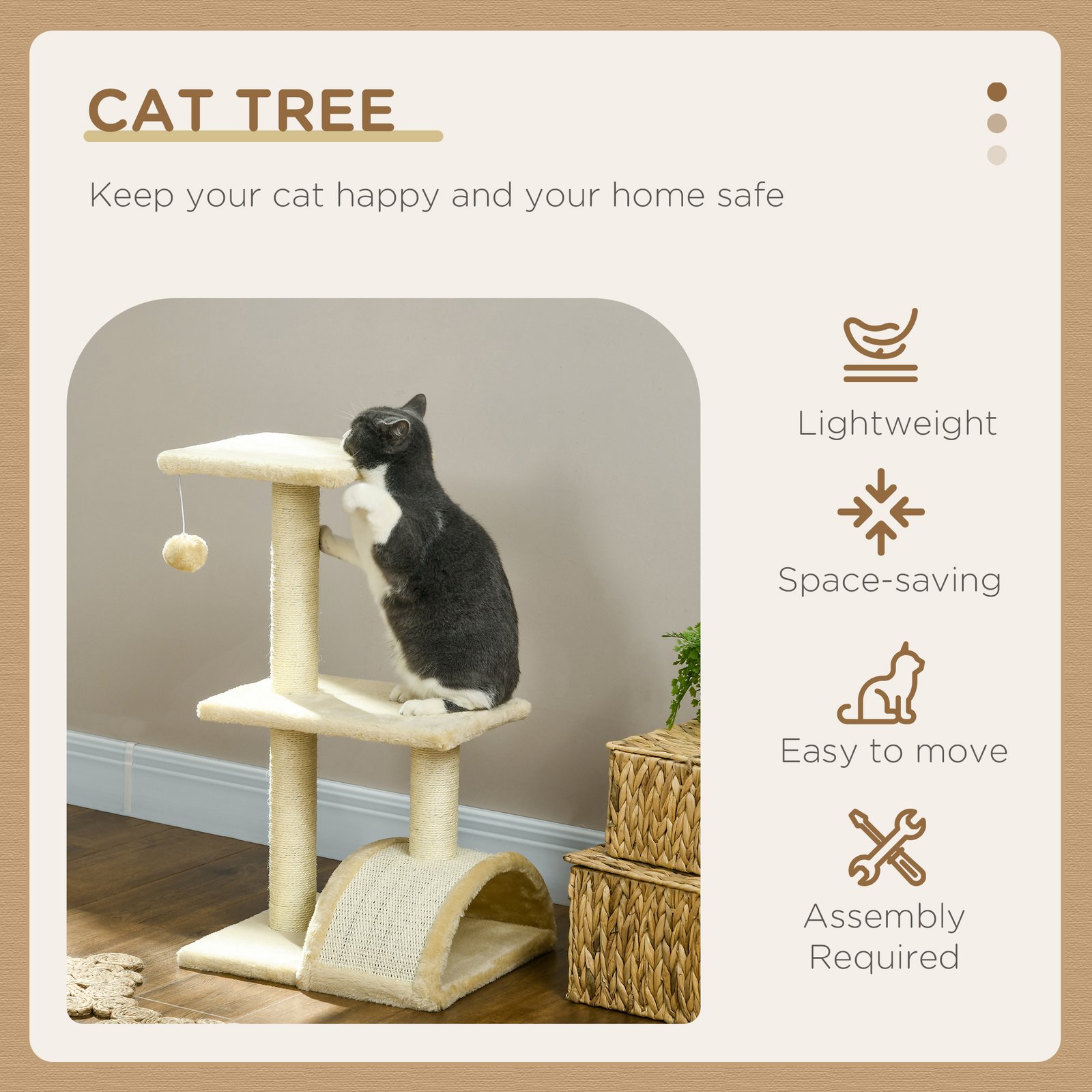 72cm Cat Tree with Scratching Post, Pad for Indoor Cats - Cream White - Image 4