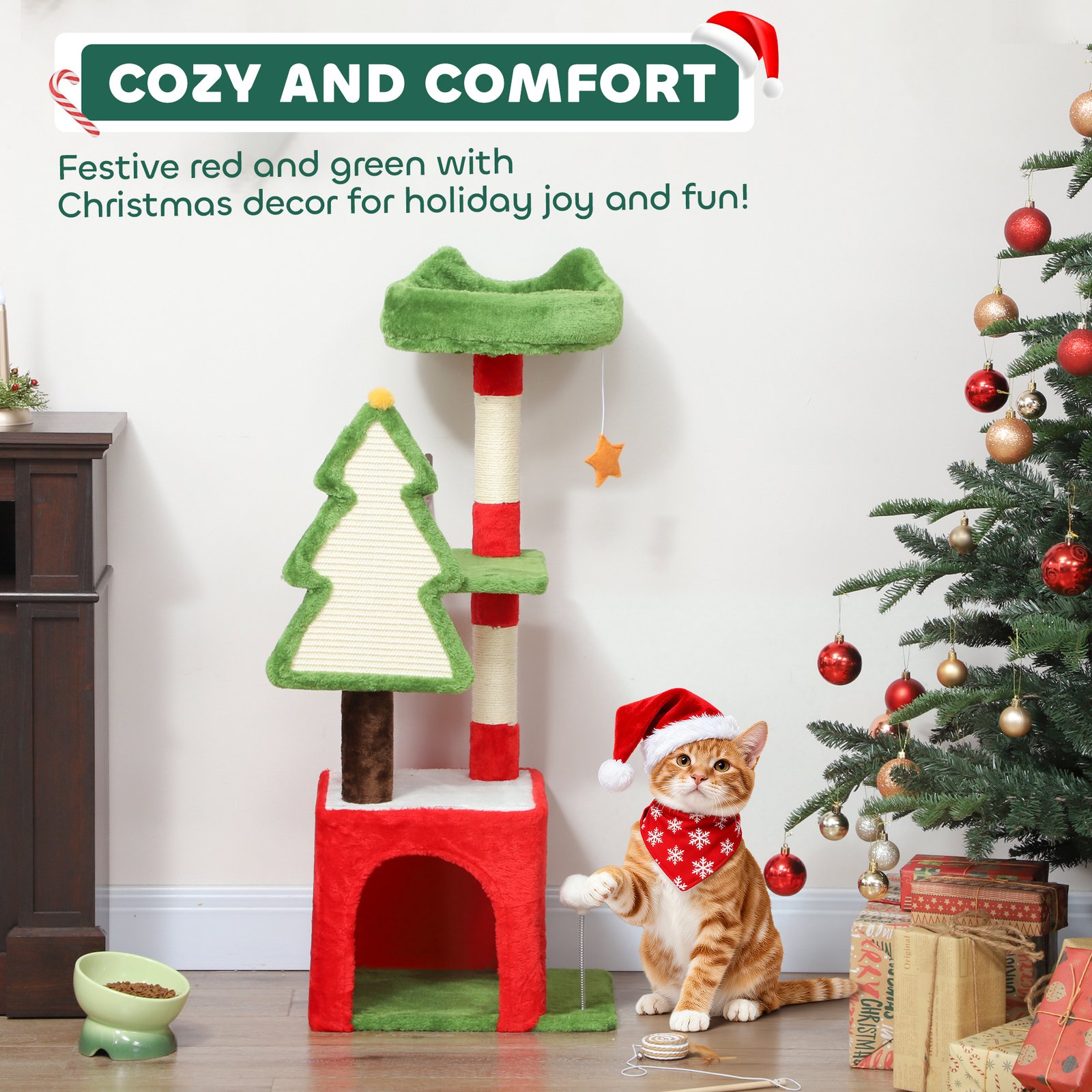 Christmas Cat Tree, 120cm Cat Tower with Scratching Post & Board, Platform, Toys, Green - Image 4