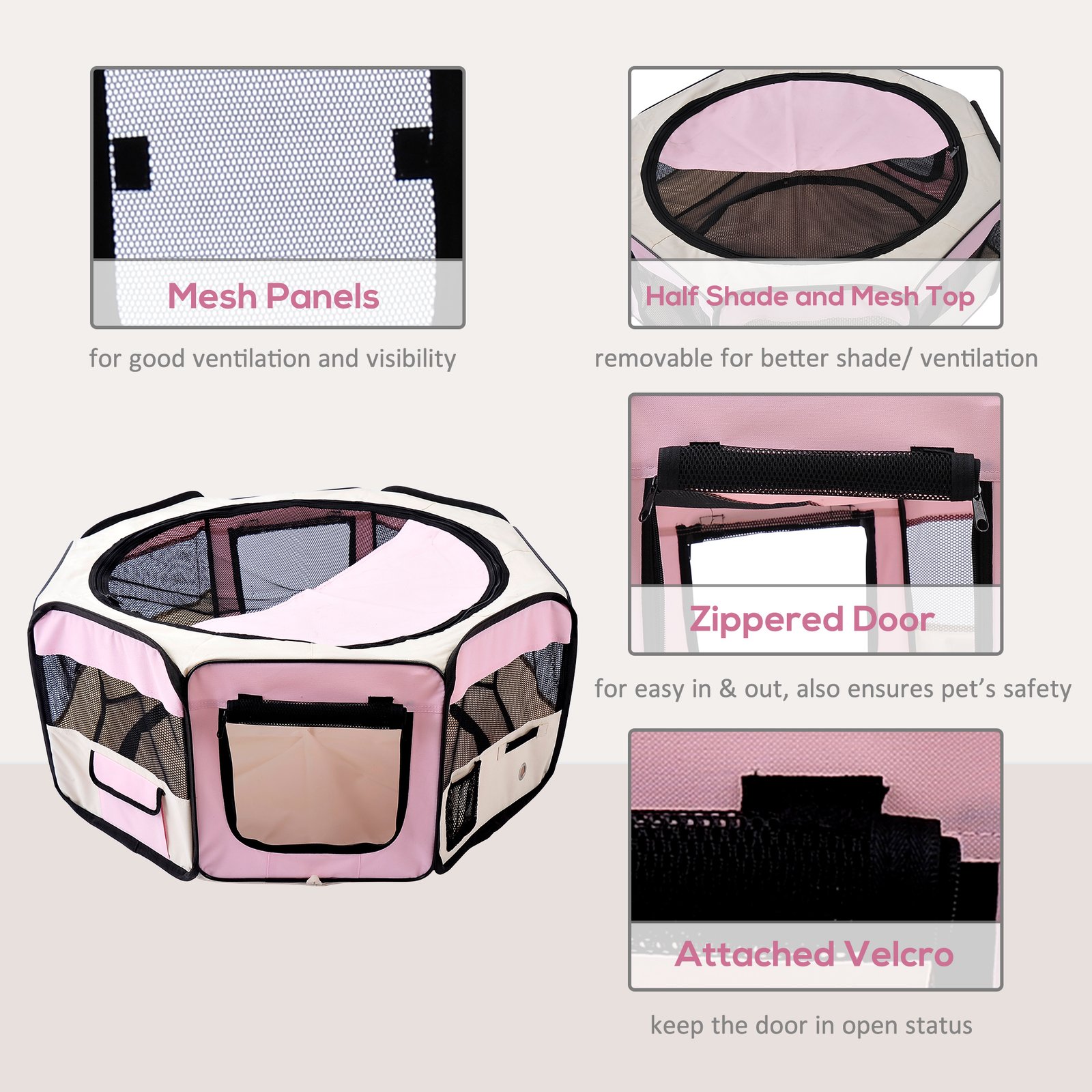 600D Oxford Soft Fabric Kennel, Portable Lightweight Cat Dog Playpen, Foldable Pet Puppy Rabbit Guinea Pig Pen Run Dia 90 x 41H cm Indoor & Outdoor Pink