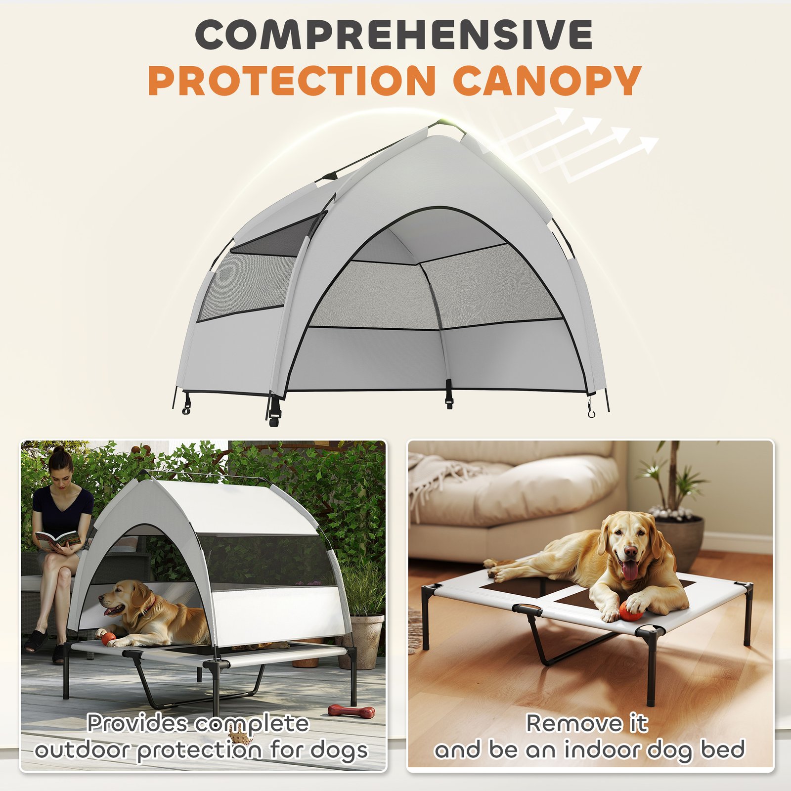 Portable Elevated Dog Bed with Removable Canopy, Cooling Raised Pet Cot for Medium Large Dogs, 92 x 75 x 85 cm