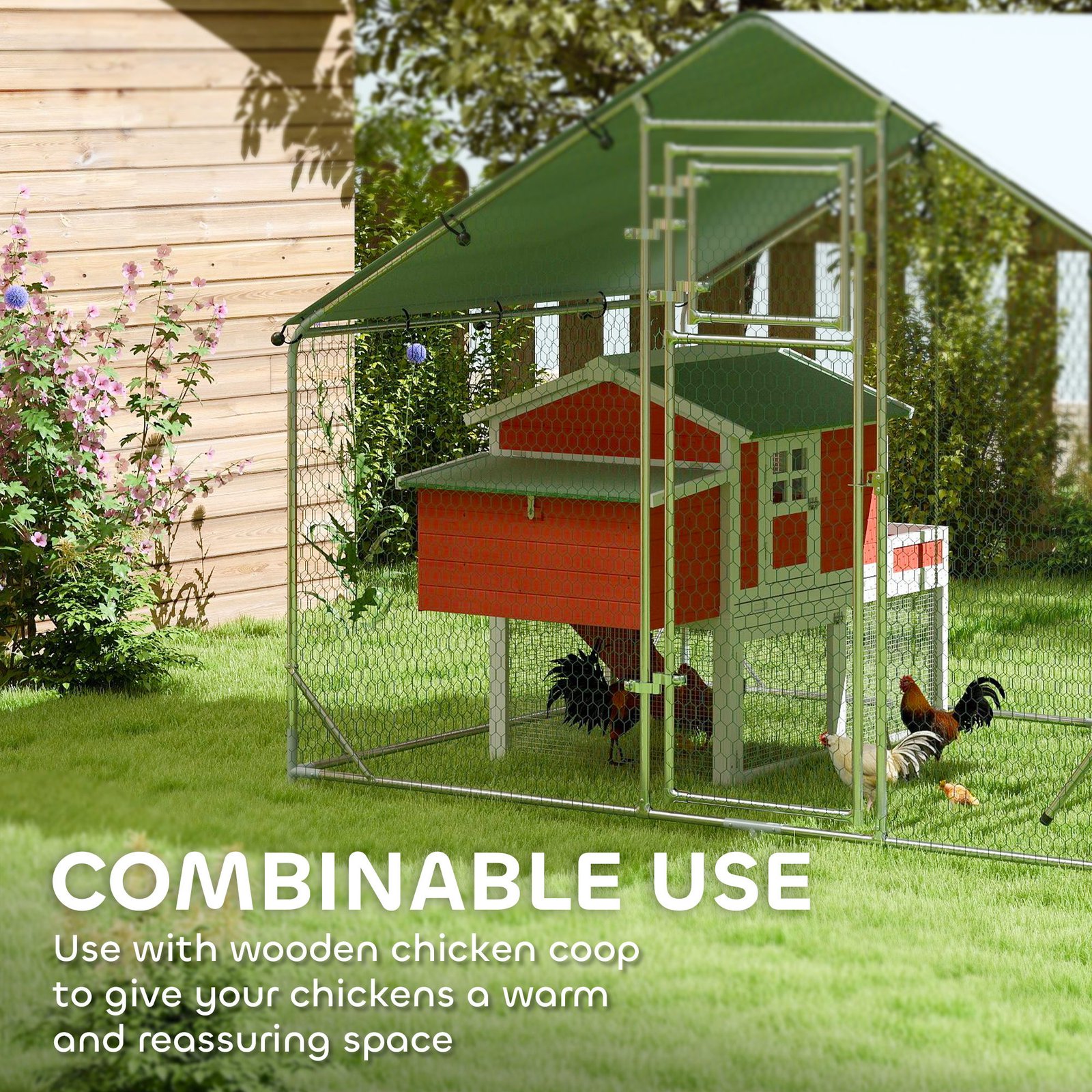 Walk-in Chicken Run with Cover, Feeding Door, Hanging Feeder, Perch, for 6-8 Poultry - Image 8