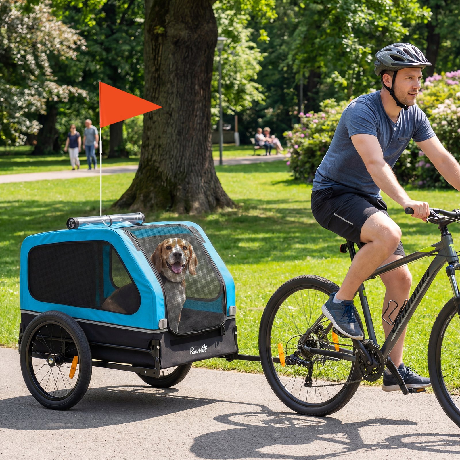Dog Bike Trailer with Flip-Down Ramp Tailgate, Quick Release Frame, Universal Bicycle Coupler, Reflectors, Blue
