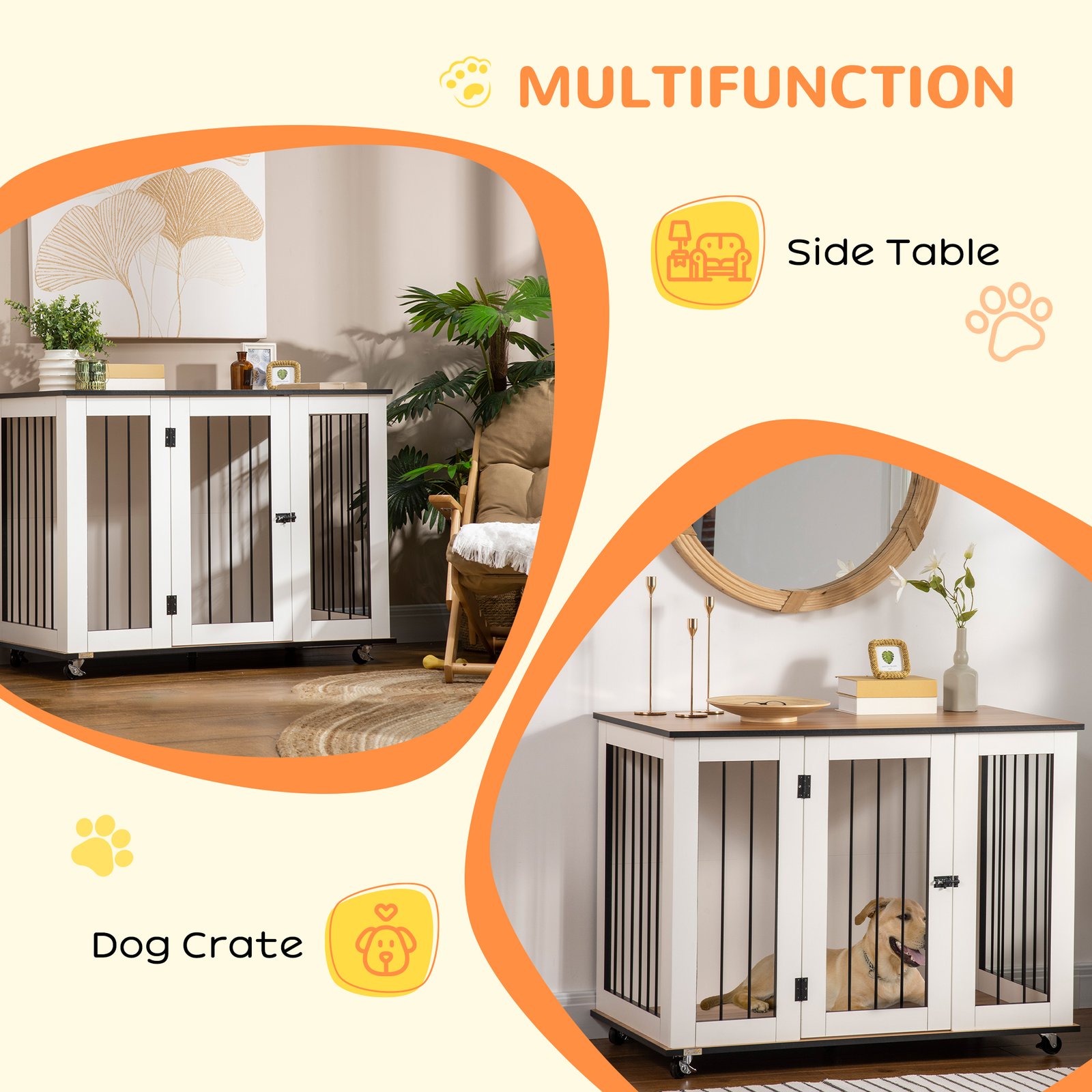 Dog Crate Furniture, Dog Cage End Table, with Wheels, for Large Dogs, 106 x 60 x 82 cm - White