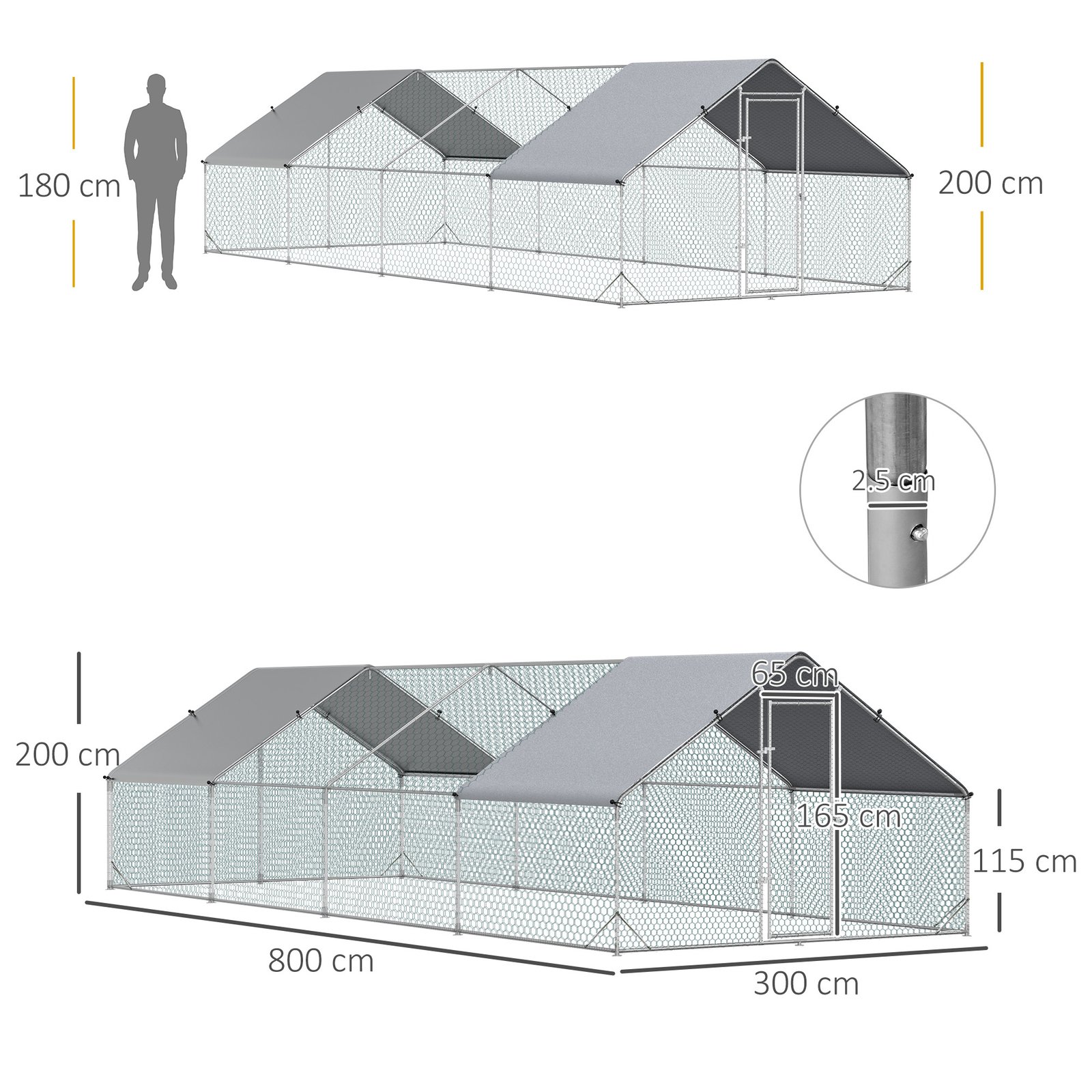 Chicken Run Galvanised Walk-in Chicken Coop Hen Poultry House Cage Rabbit Hutch with Weather-Resist Cover, 3 x 8 x 2m