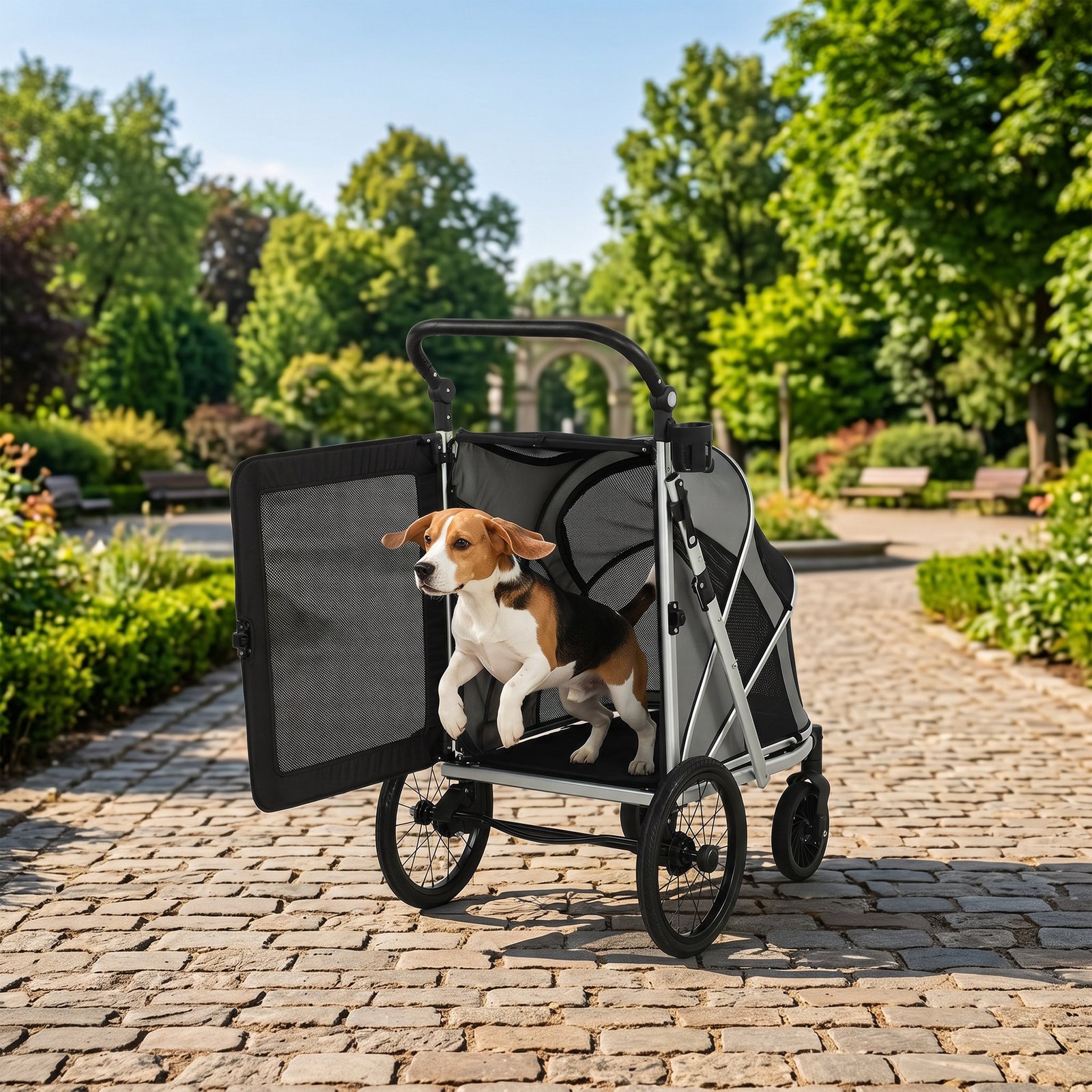 Dog Stroller, Easy Folding Pet Stroller for Small and Medium Dogs with Shock Absorption, Maximum Load 20 kg, Grey