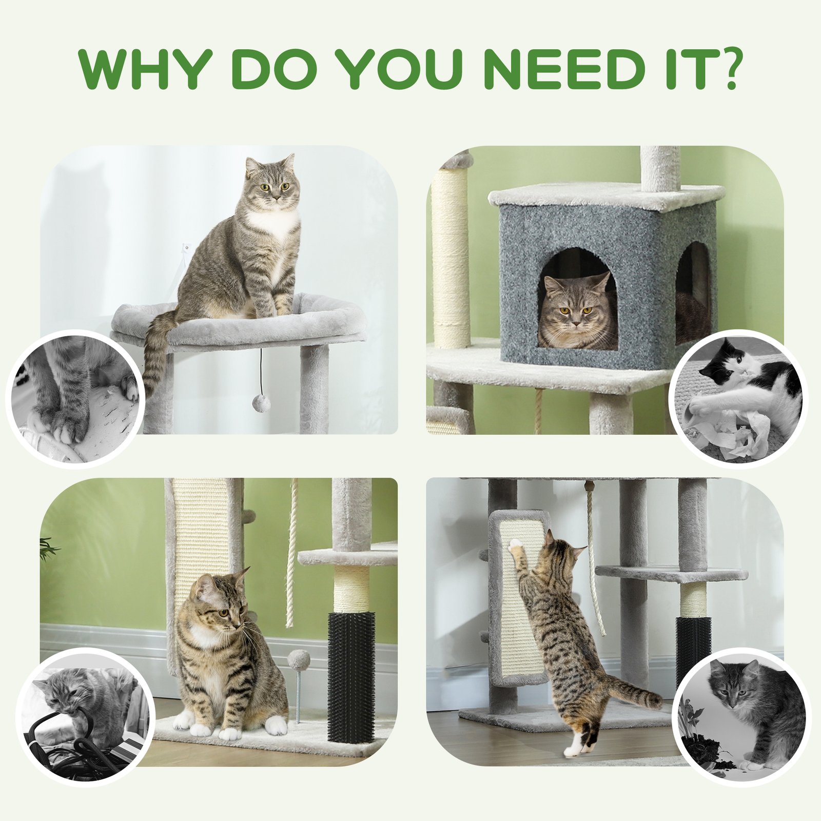 132cm Cat Tree w/ Scratching Posts, Pad, Cat Bed, Cat House, Jumping Platform, Grooming Brush, Anti-Tip Kit, Light Grey - Image 7