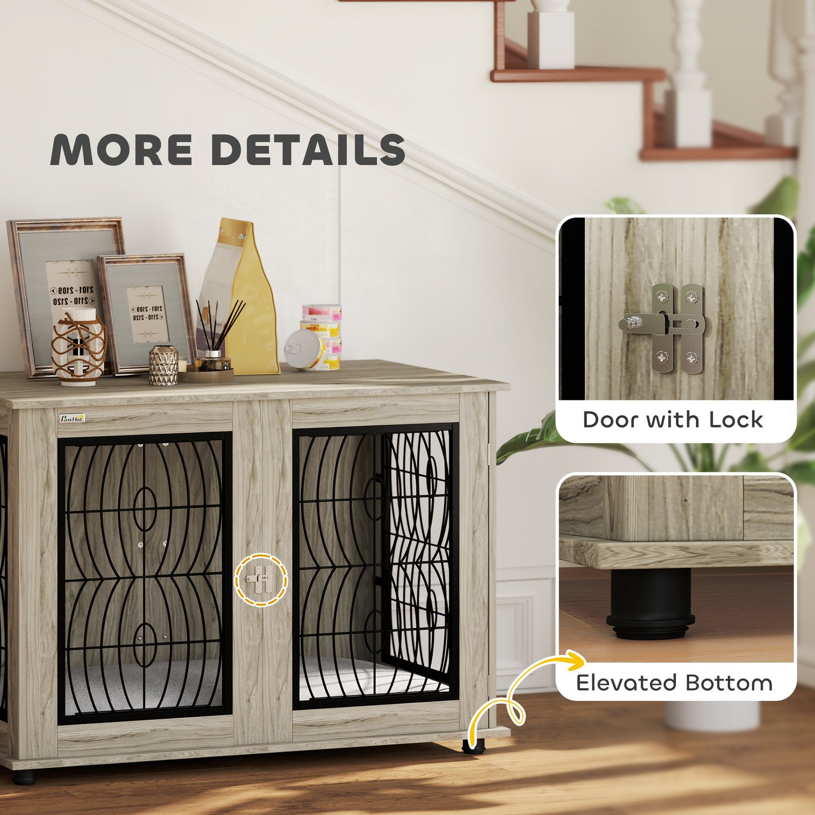 46.46'' Dog Crate Furniture Table with Soft Washable Cushion and Lockable Door, for Large Indoor Dogs, Grey - Image 7