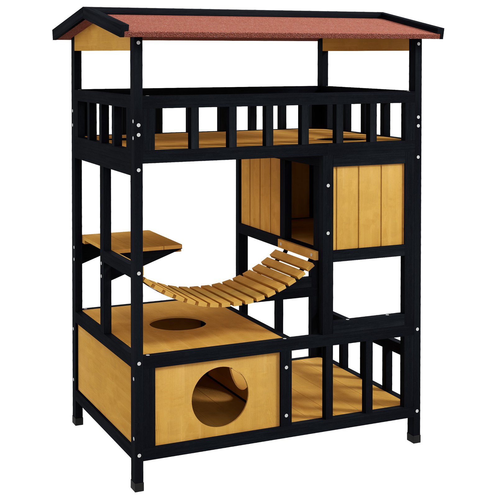 Outdoor Cat Shelter, Four-Tier Wooden Feral Cat House, with Suspension Bridge, Cat Houses, Balcony, Escape Doors