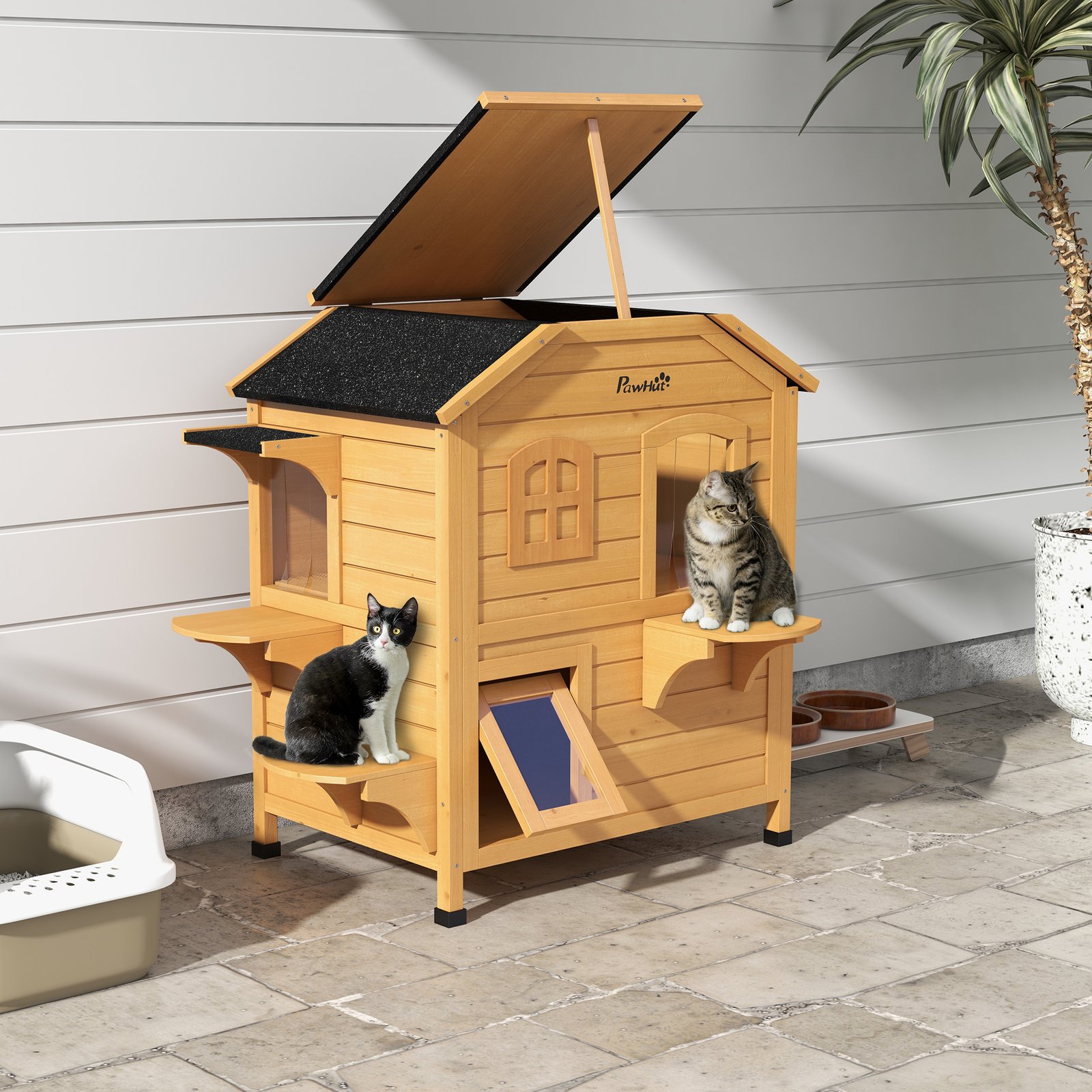  2-story Cat House Outdoor, Weatherproof Wooden Cat Enclosure with Openable Roof, Jumping Platforms, Natural Wood Finish
