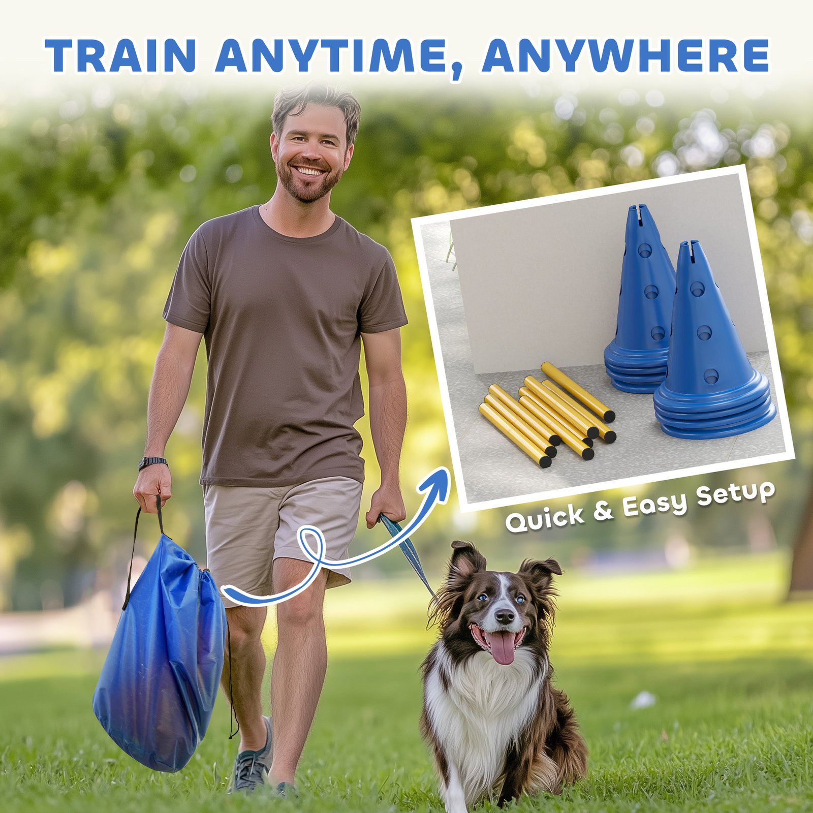 Dog Agility Equipment Set of Eight Cones, Eight Poles w/ Carry Bag, Four-Piece Adjustable Height Jumping Obstacles Blue - Image 7