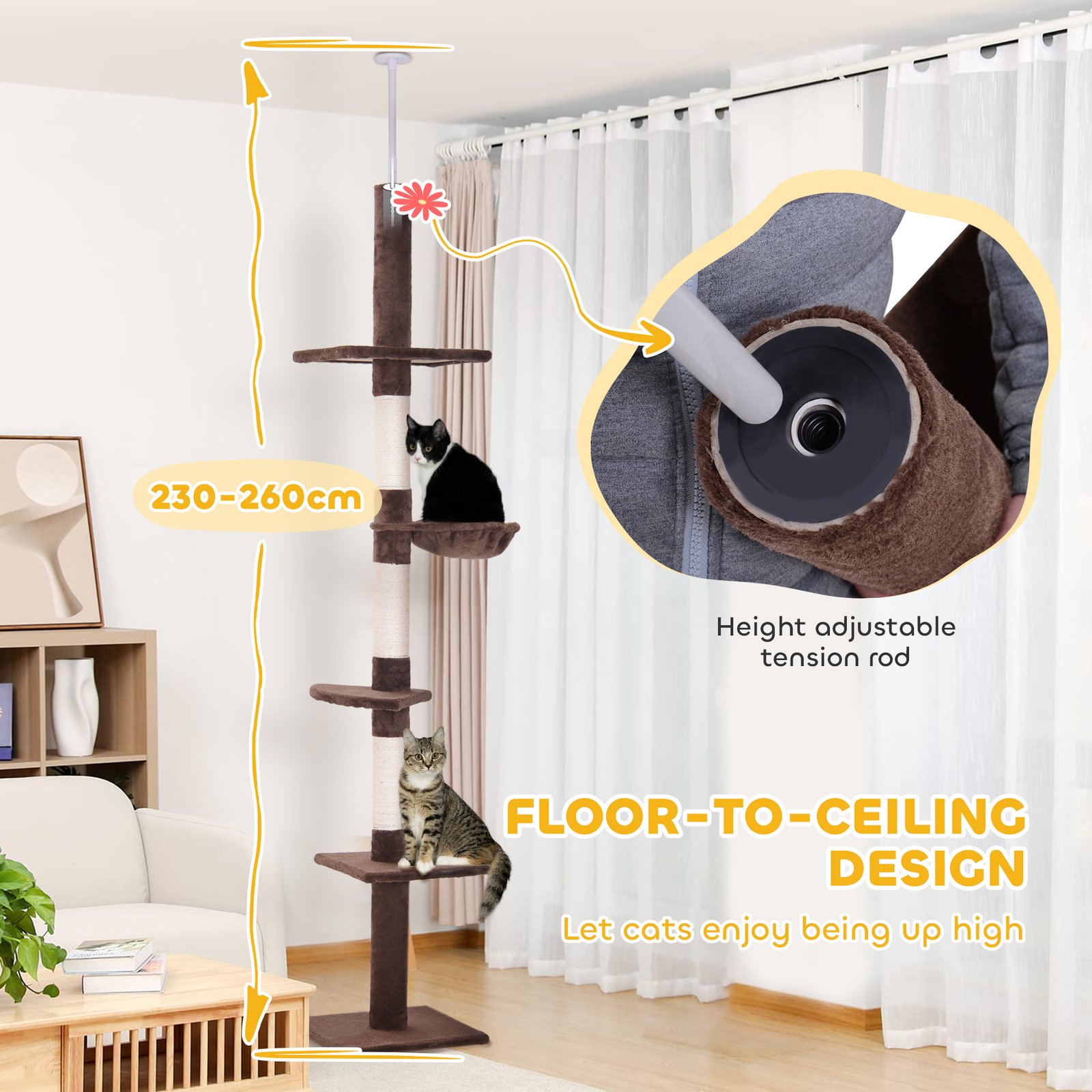 Floor to Ceiling Cat Tree 230-260cm Height Adjustable, 5-Tier Cat Tower with Scratching Posts, Hammock, Perches, Climbing Activity Centre for Indoor Kittens Playing and Relaxing, Brown