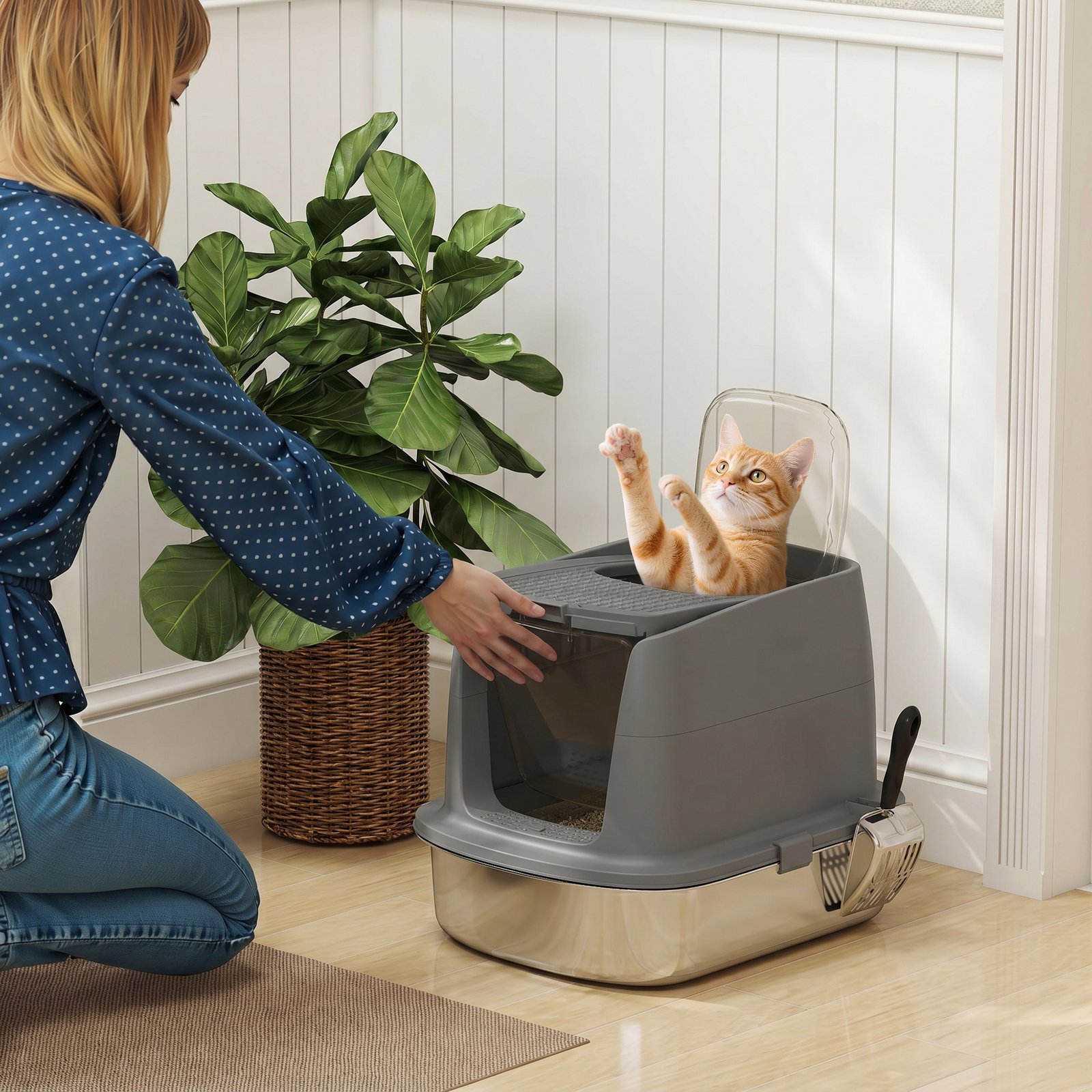 Large Stainless Steel Litter Box, Enclosed Metal Cat Litter Tray with Scoop, Deodoriser Bag, Front-Entry and Top-Exit