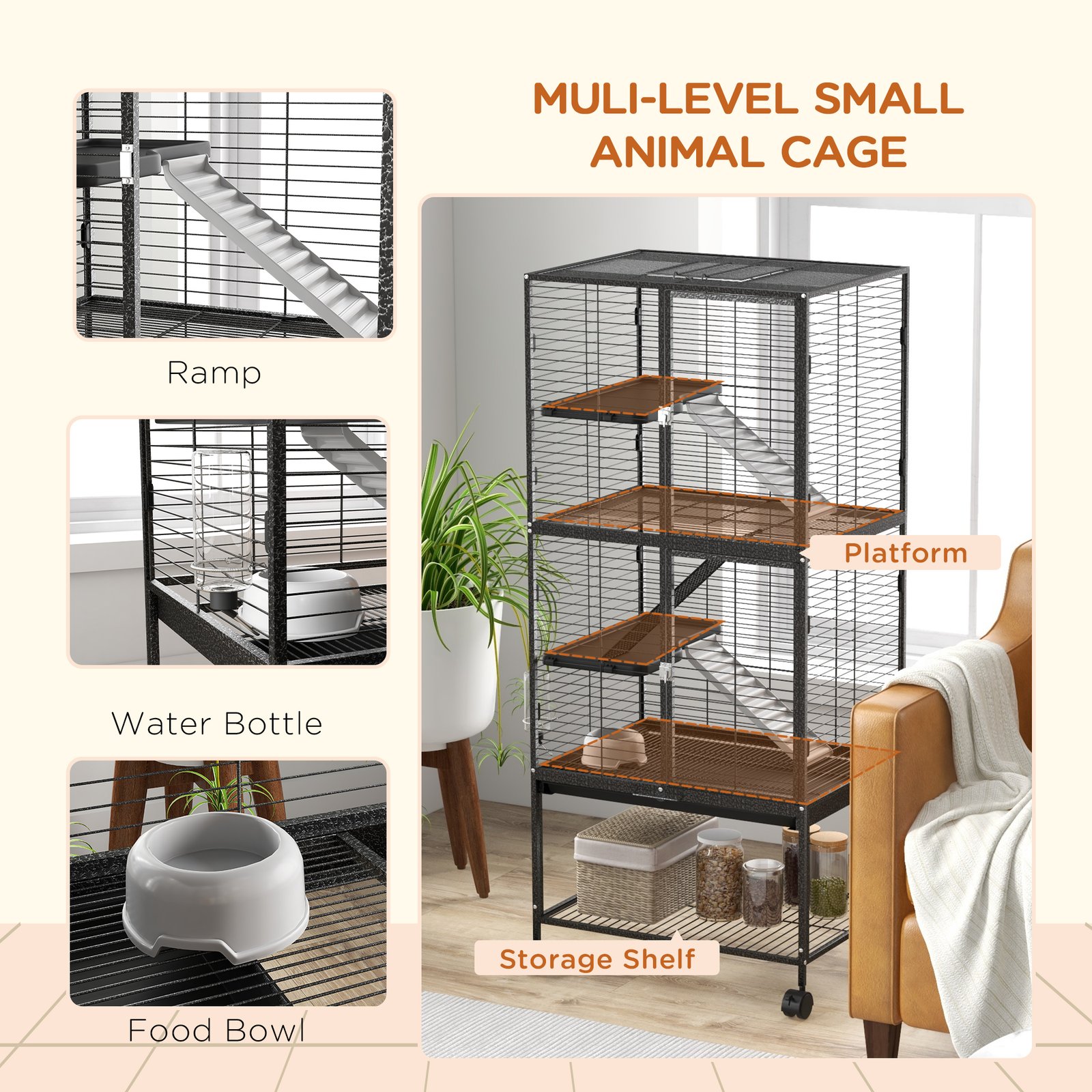 Rolling Chinchilla Cage, Small Animal Cage for Ferrets w/ Three Doors, Storage, Shelf, Tray Tray, Bowl, Water Bottle - Image 5
