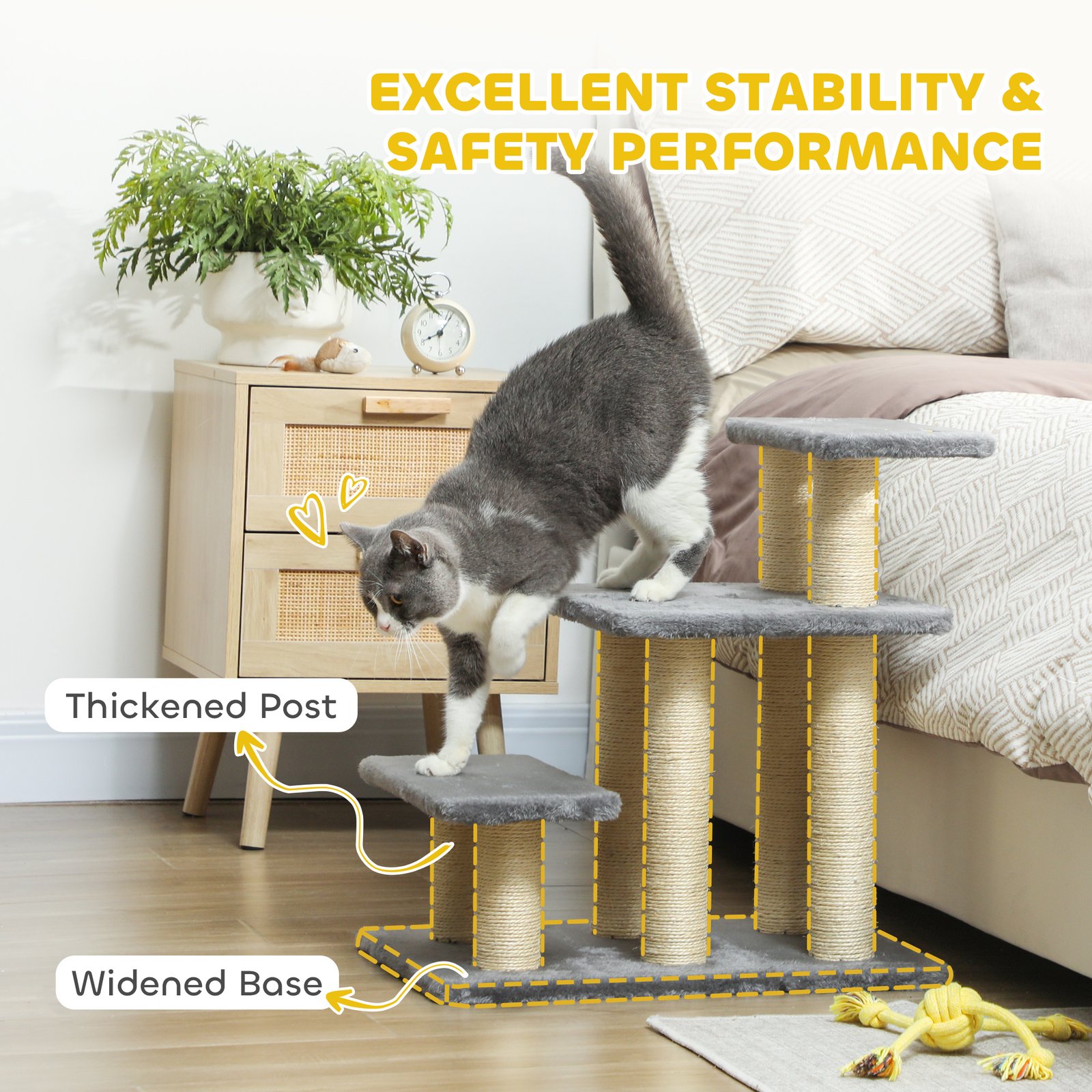 Dog Steps for Bed, 3 Step Adjustable Pet Stairs for Sofa with 6 Sisal Scratching Posts for Small Dogs & Cats, Grey