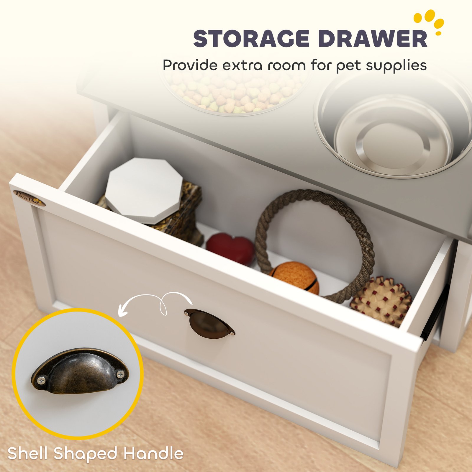 Stainless Steel Raised Dog Bowls, with 21L Storage Drawer for Large Dogs and Cats - White - Image 5