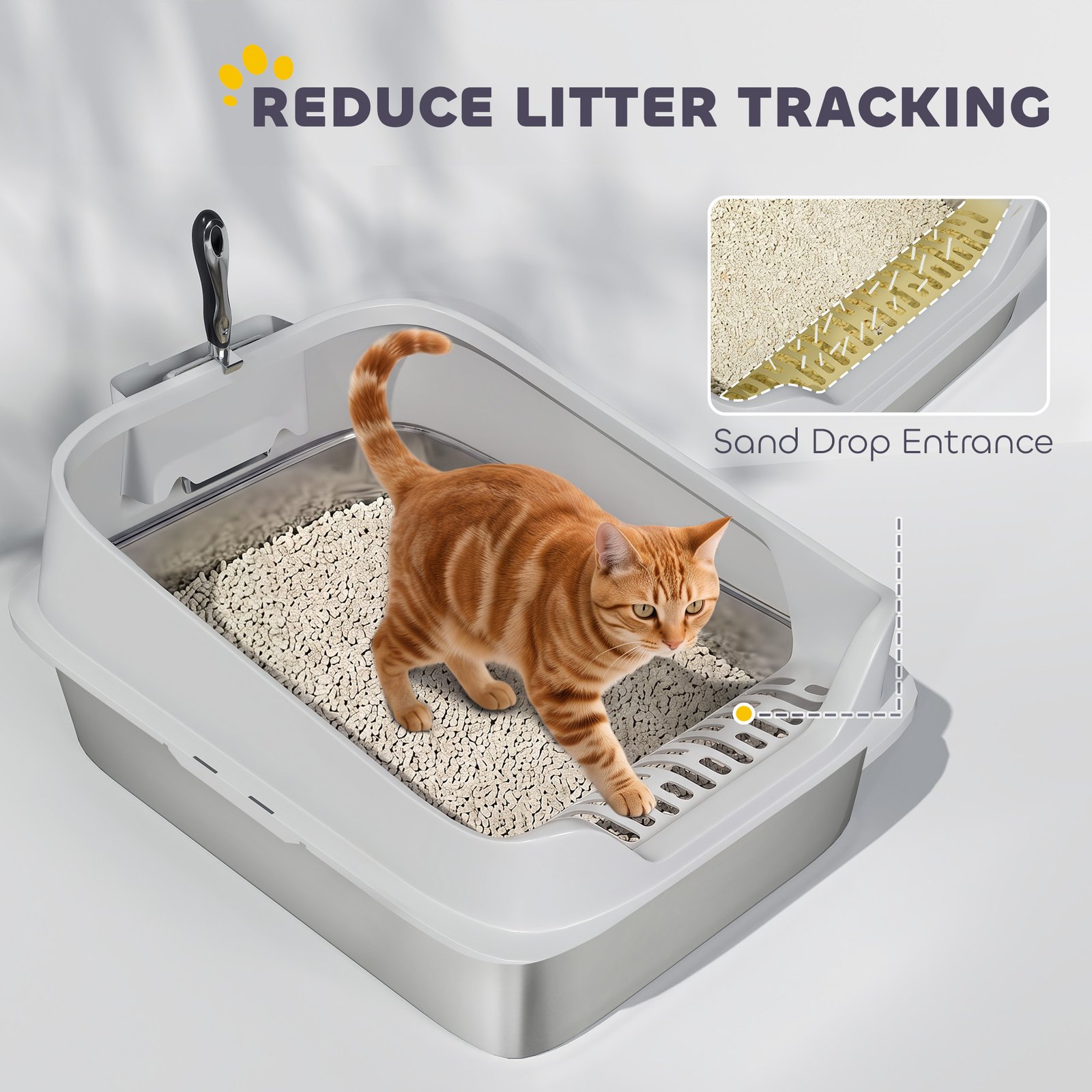 XL Stainless Steel Cat Litter Box with High Sides, Metal Scoop, 60 x 40 x 30 cm