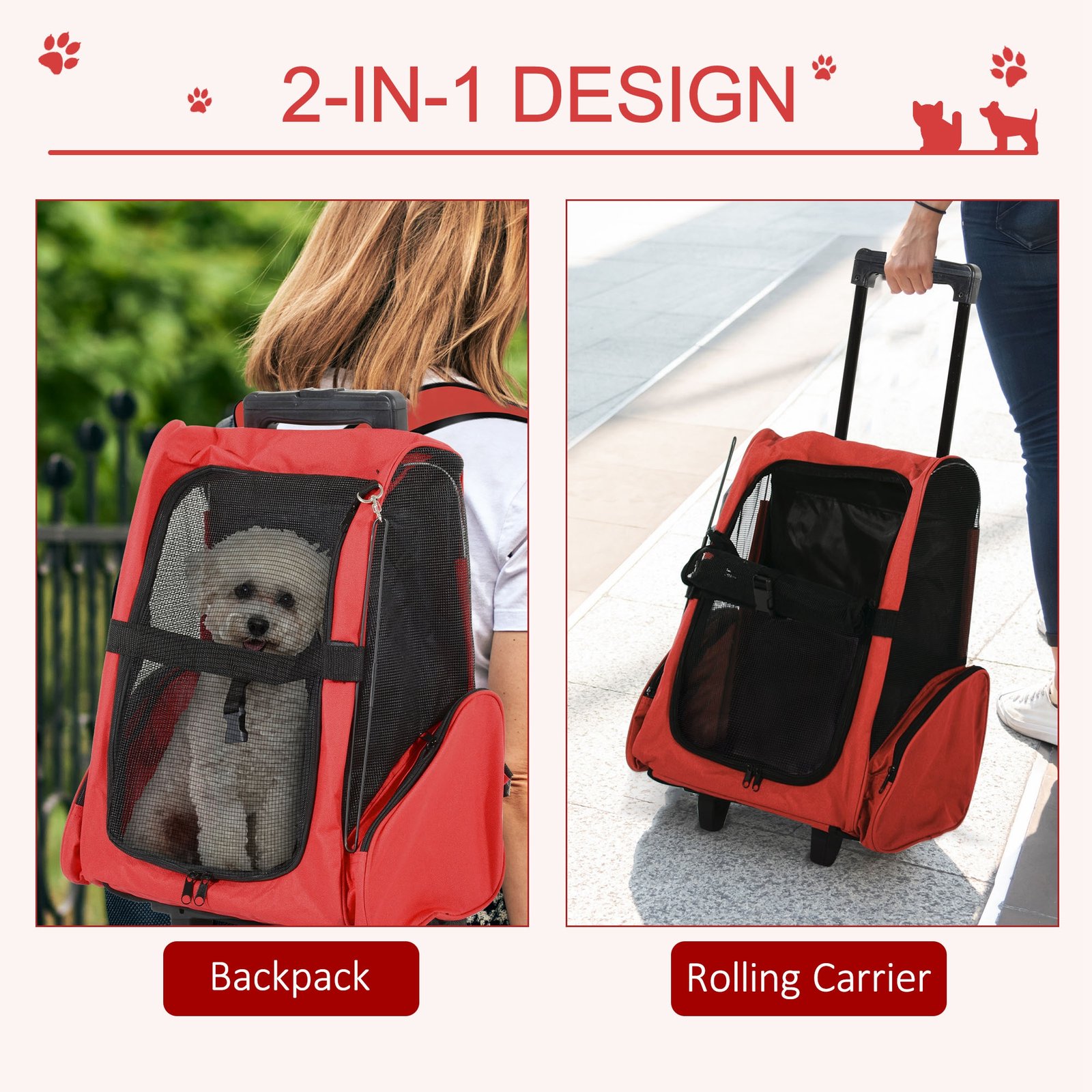 2 in 1 Dog Backpack and Trolley, Pet Travel Backpack Cat Dog Carrier with Telescopic Handle, Portable Pet Stroller Wheel Luggage Bag (Red)