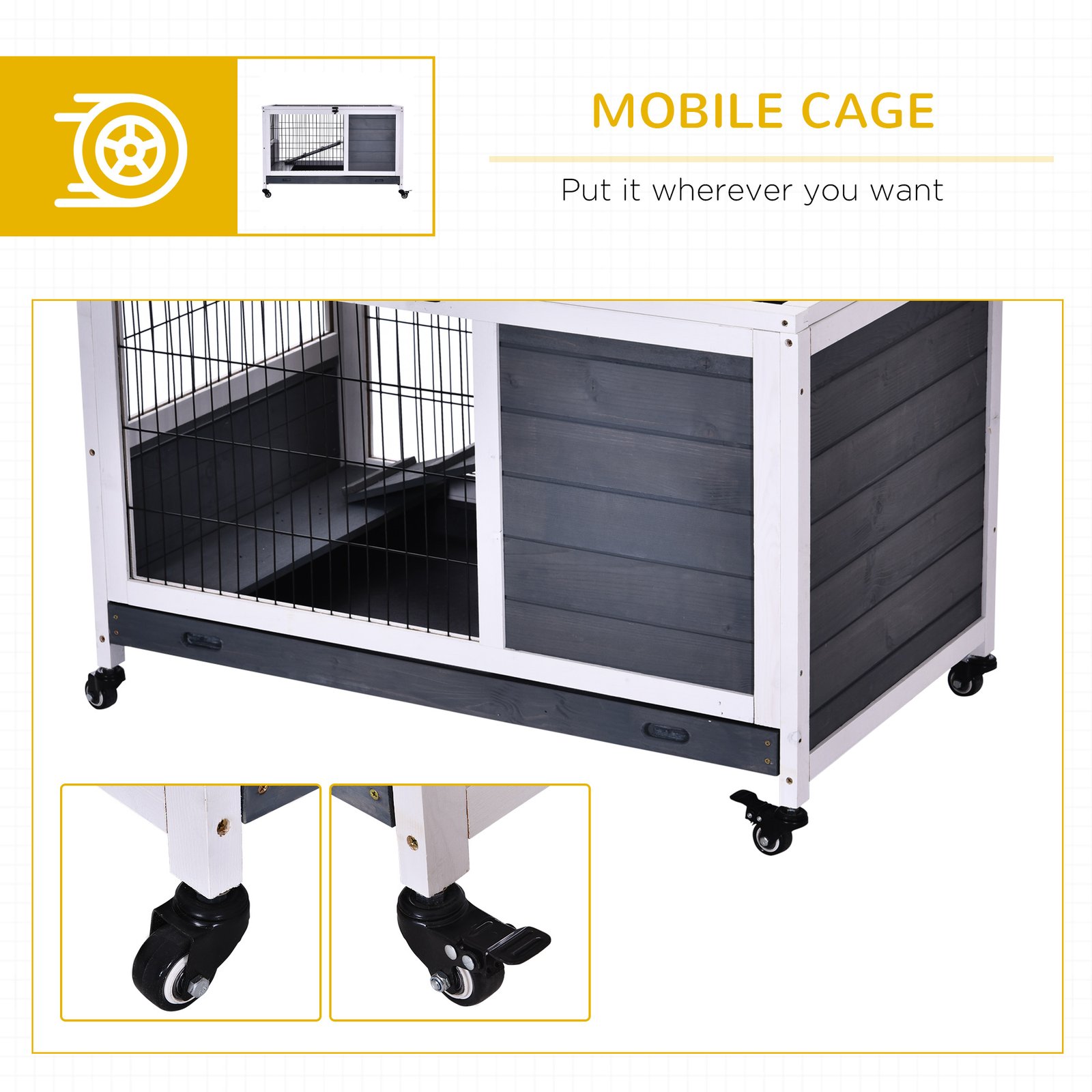 Wooden Guinea Pig Hutch, 2-Floor Bunny Cage w/ Enclosed Run Area, Grey - Image 7