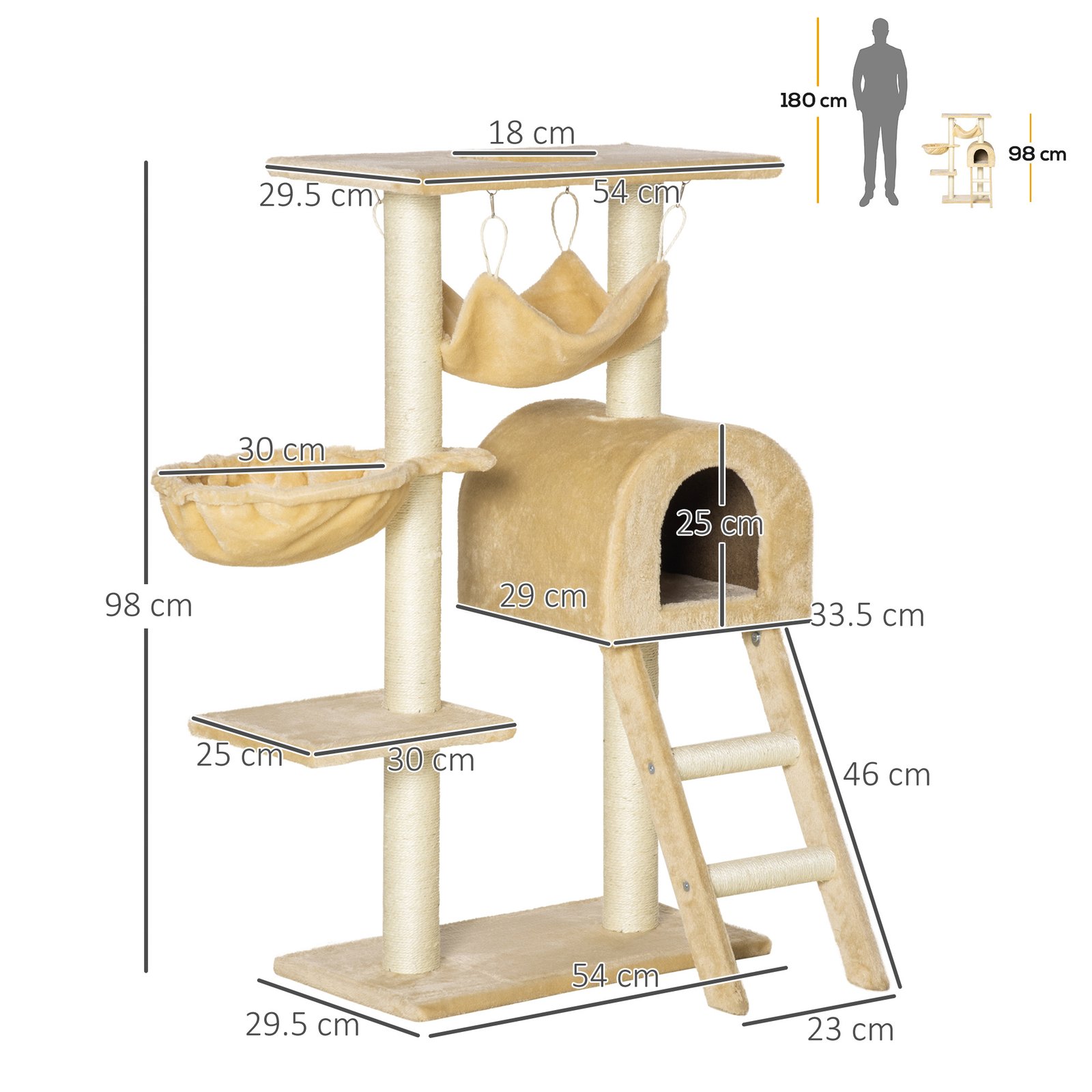 Cat Tree Tower for Indoor Cats Kitten Activity Centre Scratching Post w/ Hammock House Basket Ladder - Beige - Image 3